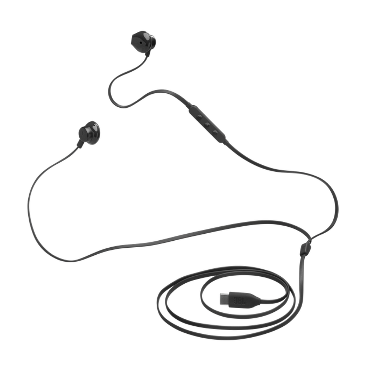 Czarne bezprzewodowe słuchawki JBL połączone kablem i złączem USB-C na czarnym tle.