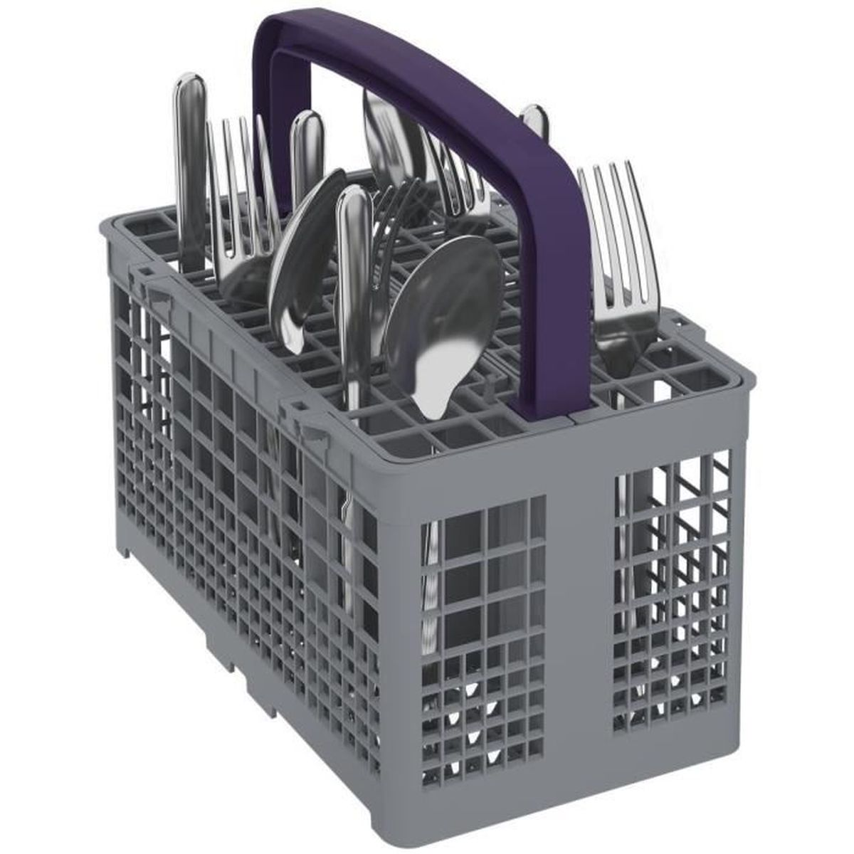 Koszyk na sztućce do zmywarki z widelcami, nożami i łyżkami w środku. Fioletowy uchwyt.