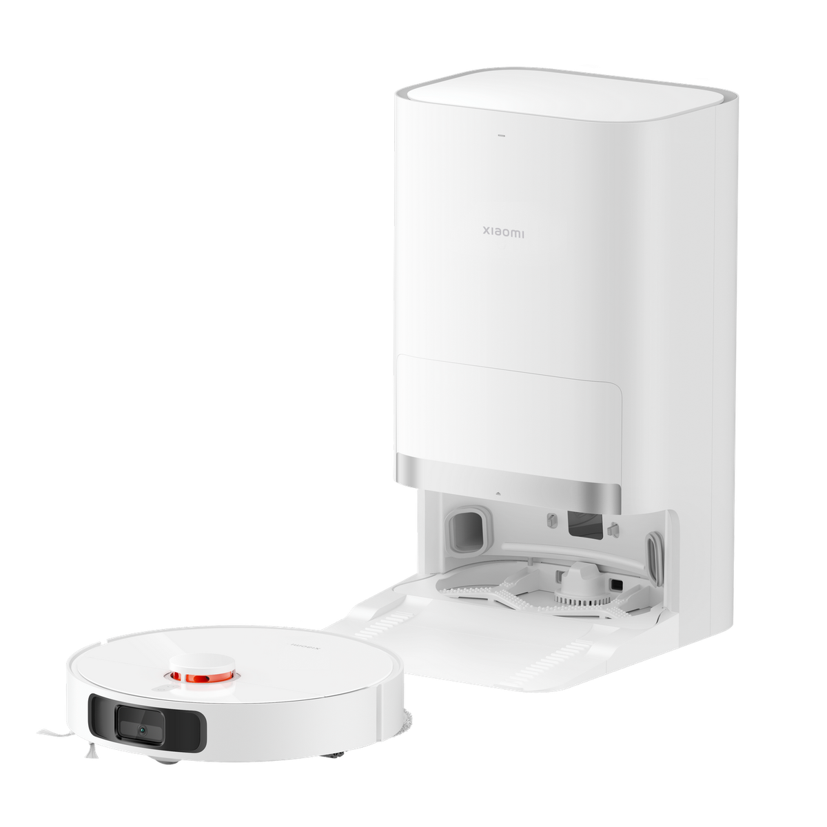 Biały odkurzacz robot Xiaomi ze stacją ładującą.