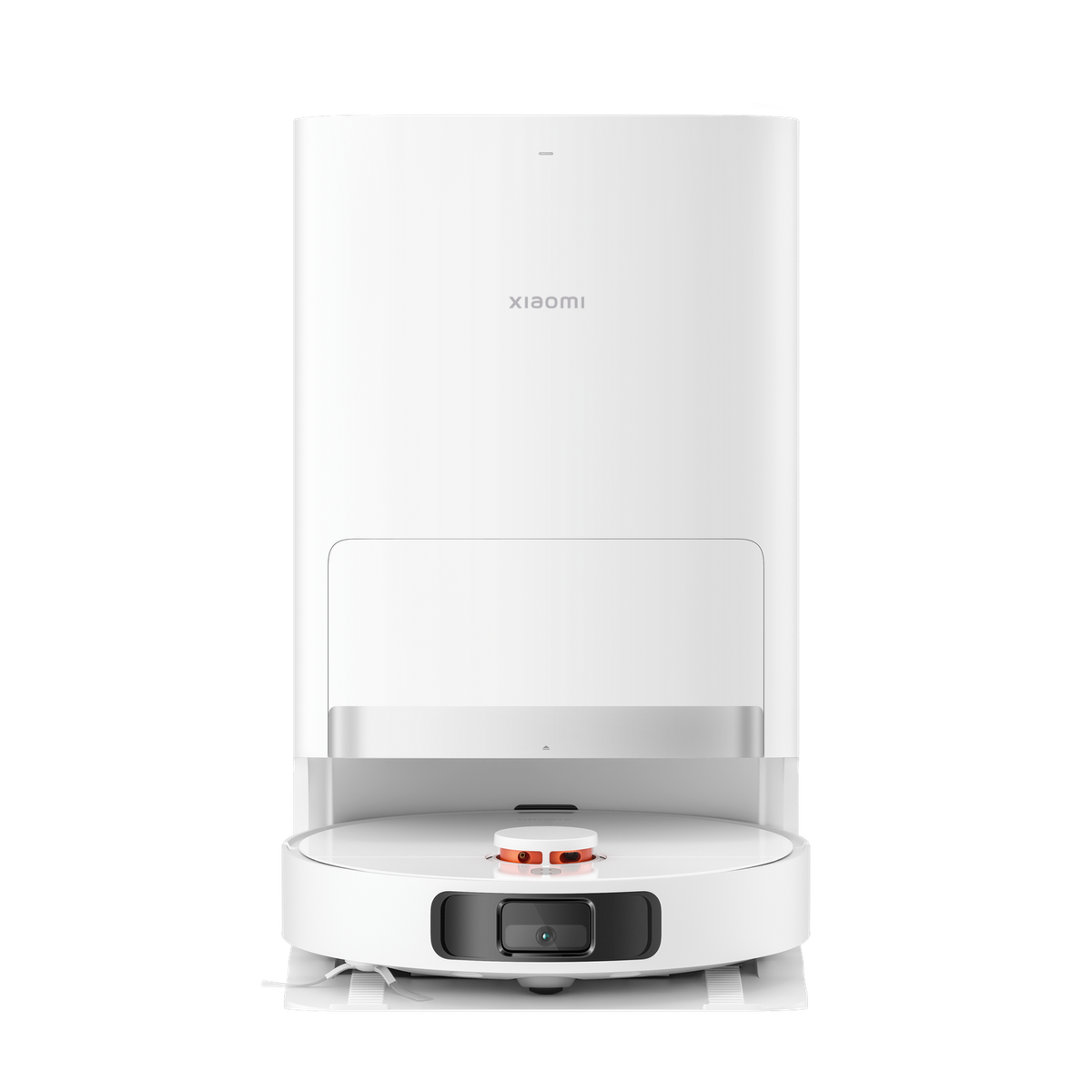 Biały robot sprzątający Xiaomi i stacja ładująca. Ciemne tło.