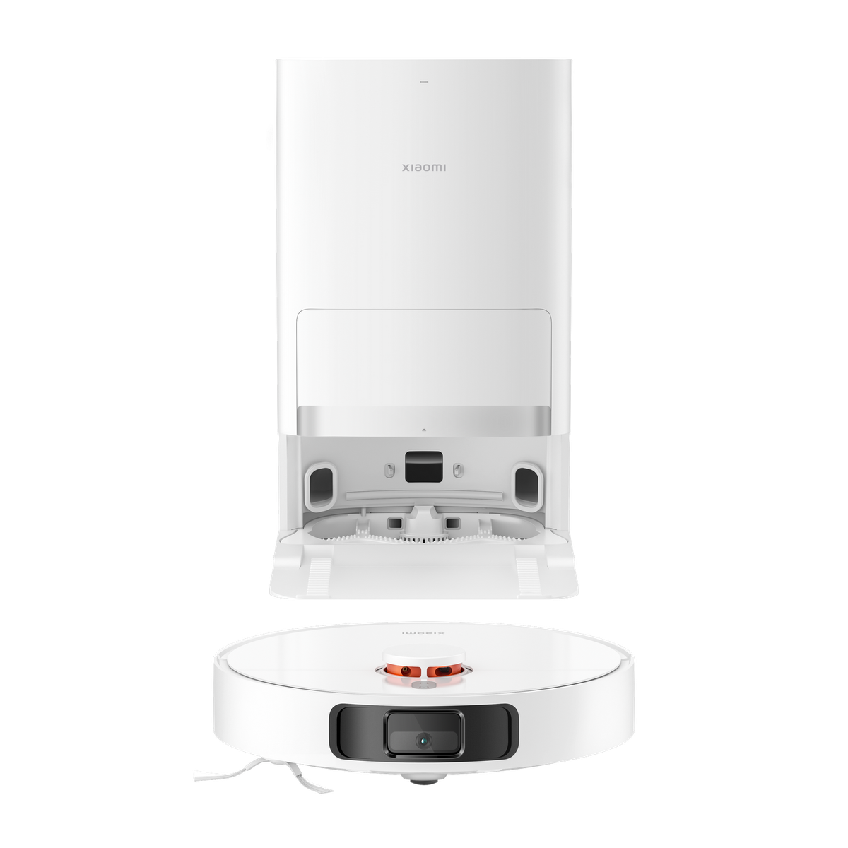Biały robot odkurzający Xiaomi ze stacją ładującą, odkurzacz jest okrągły, a stacja pionowa.