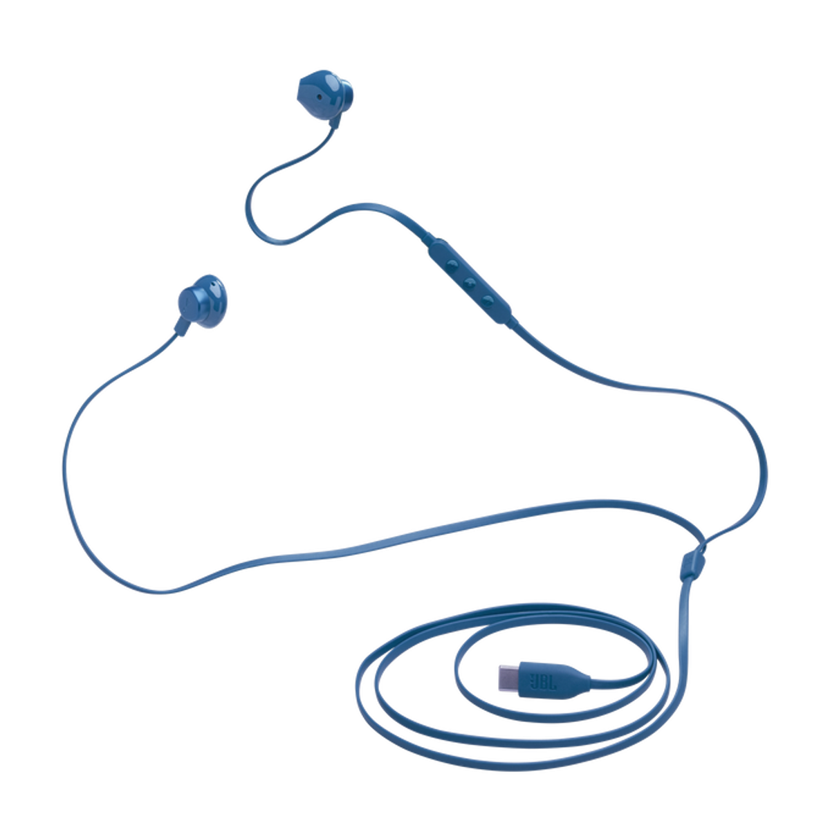 Niebieskie słuchawki przewodowe. Kabel ma przycisk sterowania i złącze USB-C. Czarne tło.