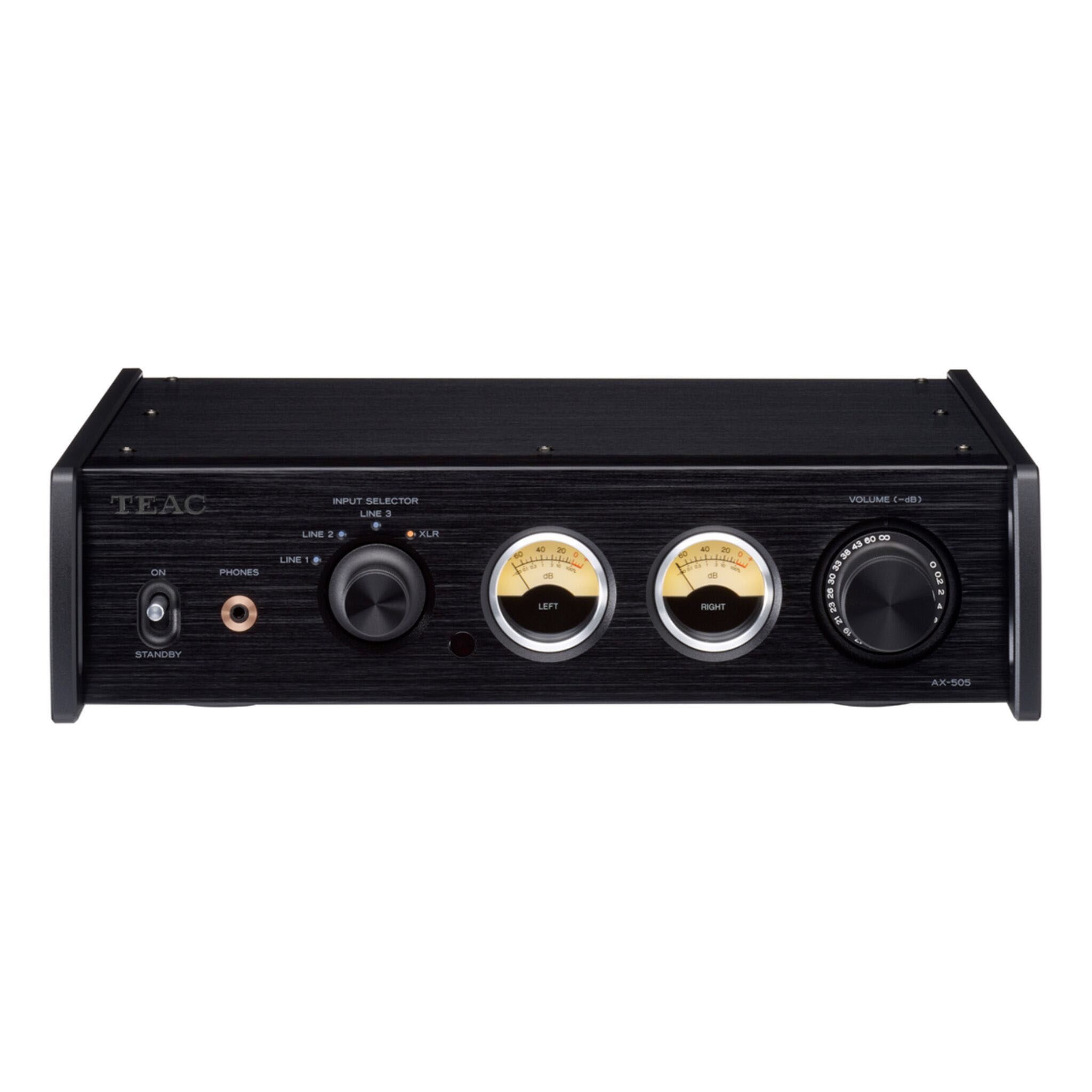 Schwarzer TEAC AX-505 Verstärker mit Knöpfen, Messgeräten und Tasten. Er hat Eingangsauswahl und Lautstärkeregler.