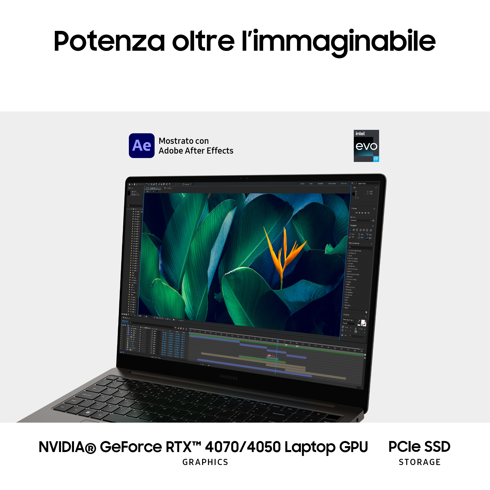 Laptop con testo sulle capacità grafiche e di archiviazione. Viene mostrato il logo Intel EVO.