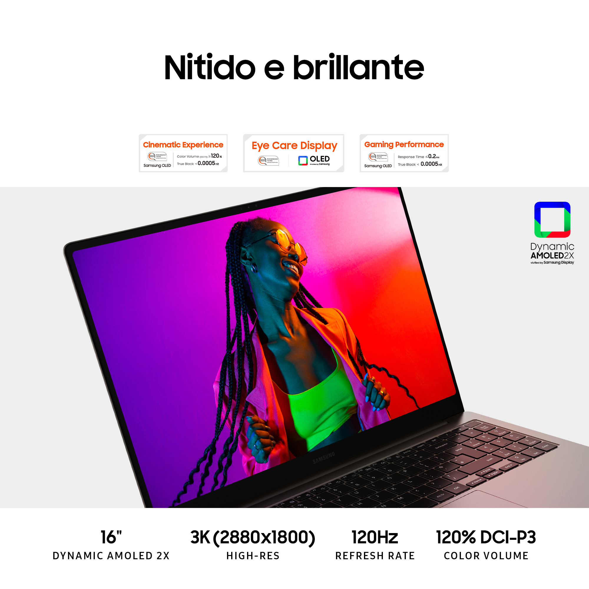 Laptop con testo sulle funzionalità del display e sul volume dei colori. Viene mostrato il logo Dynamic AMOLED 2X.