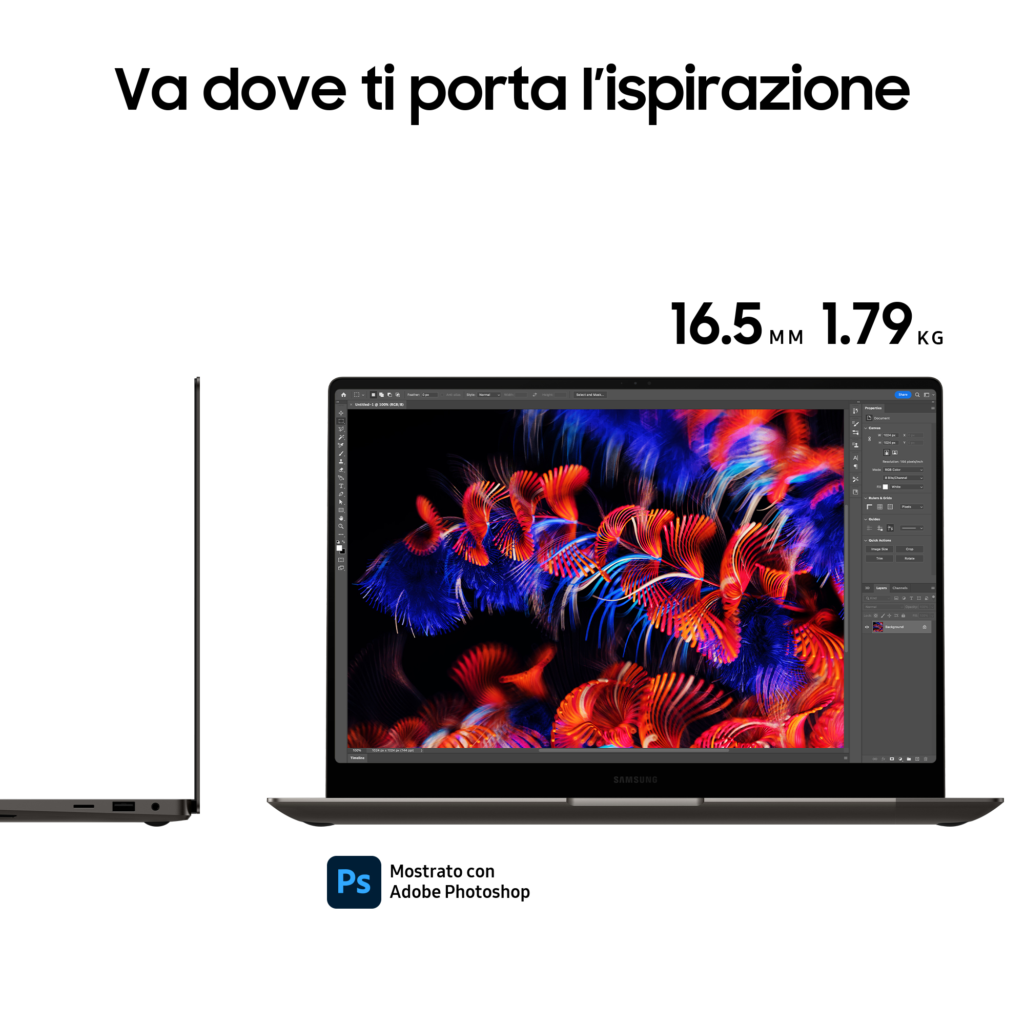 Laptop con schermo con arte colorata, aperto. Con dimensioni e logo di Photoshop.