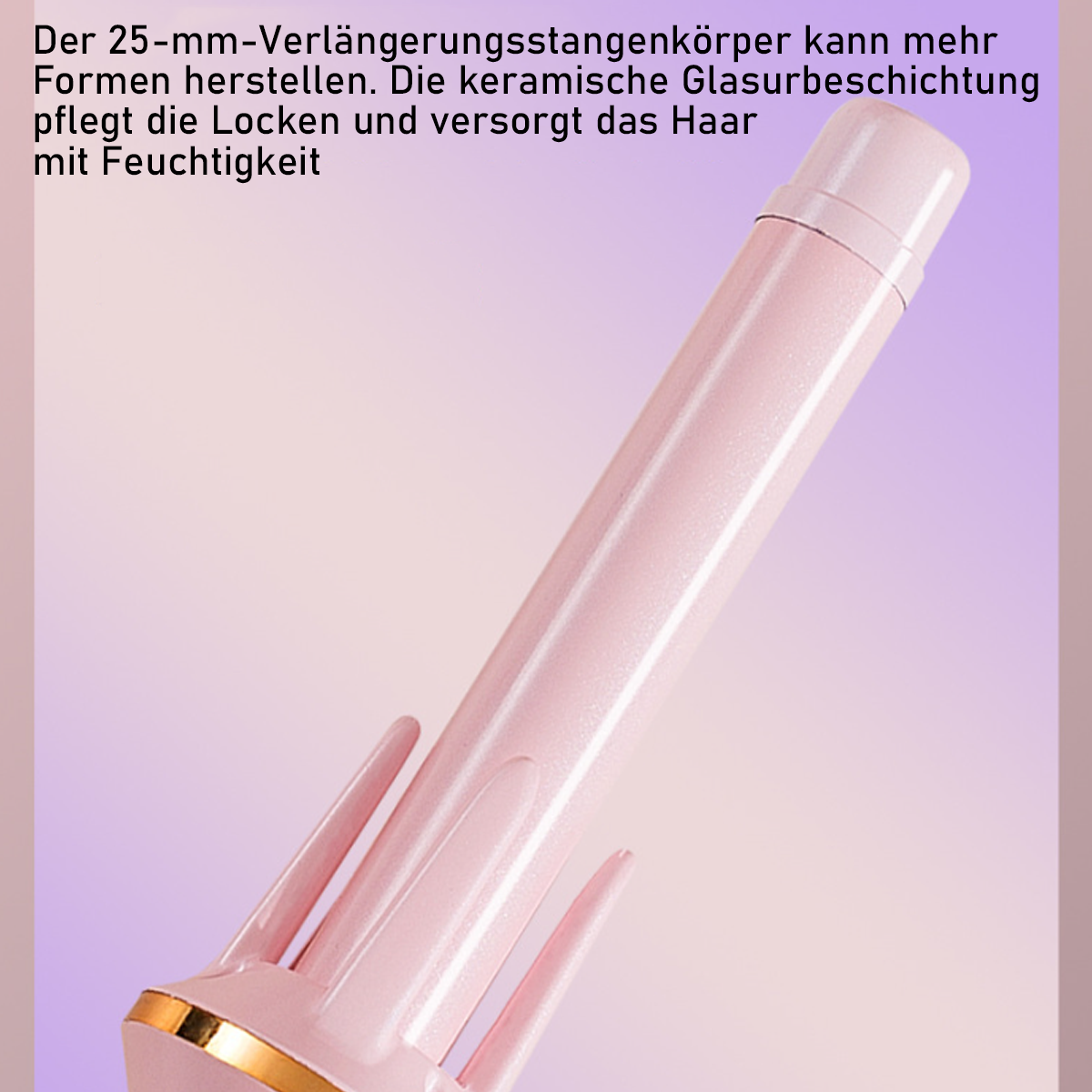 Rosa Lockenstab mit Goldakzent. Text auf Deutsch beschreibt das Produkt.