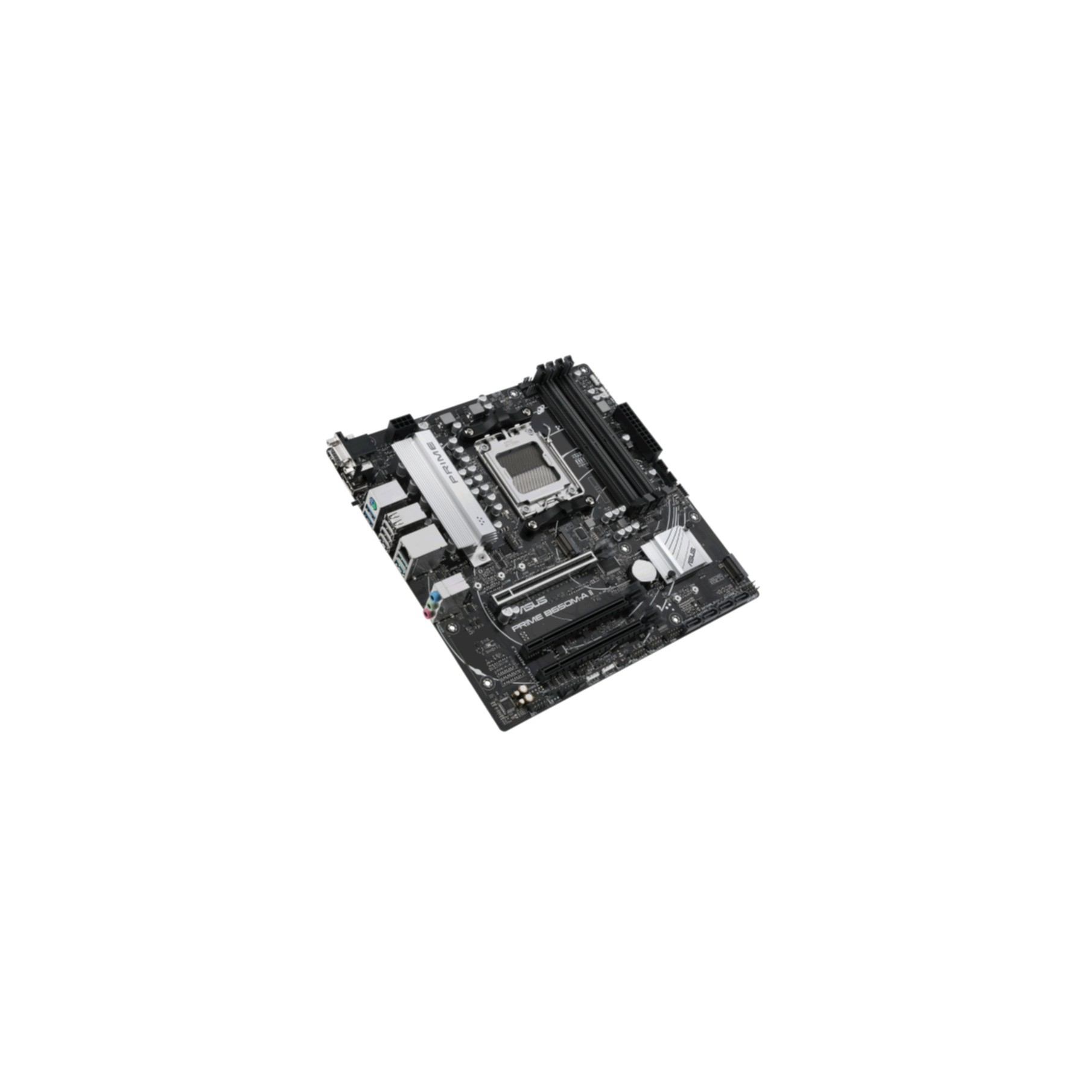 Płyta główna komputera PC, z widocznymi różnymi komponentami. Znajduje się na białej powierzchni.