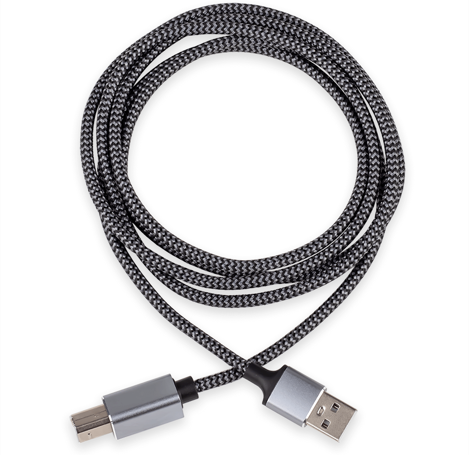 Pleciony kabel USB w kolorze czarnym i szarym, ze złączami USB-A i micro-USB.