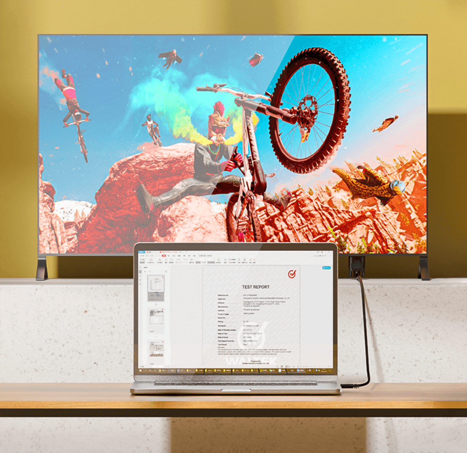 Laptop i ekran telewizora pokazują scenę z kolarstwa górskiego i raport z testu na stole.