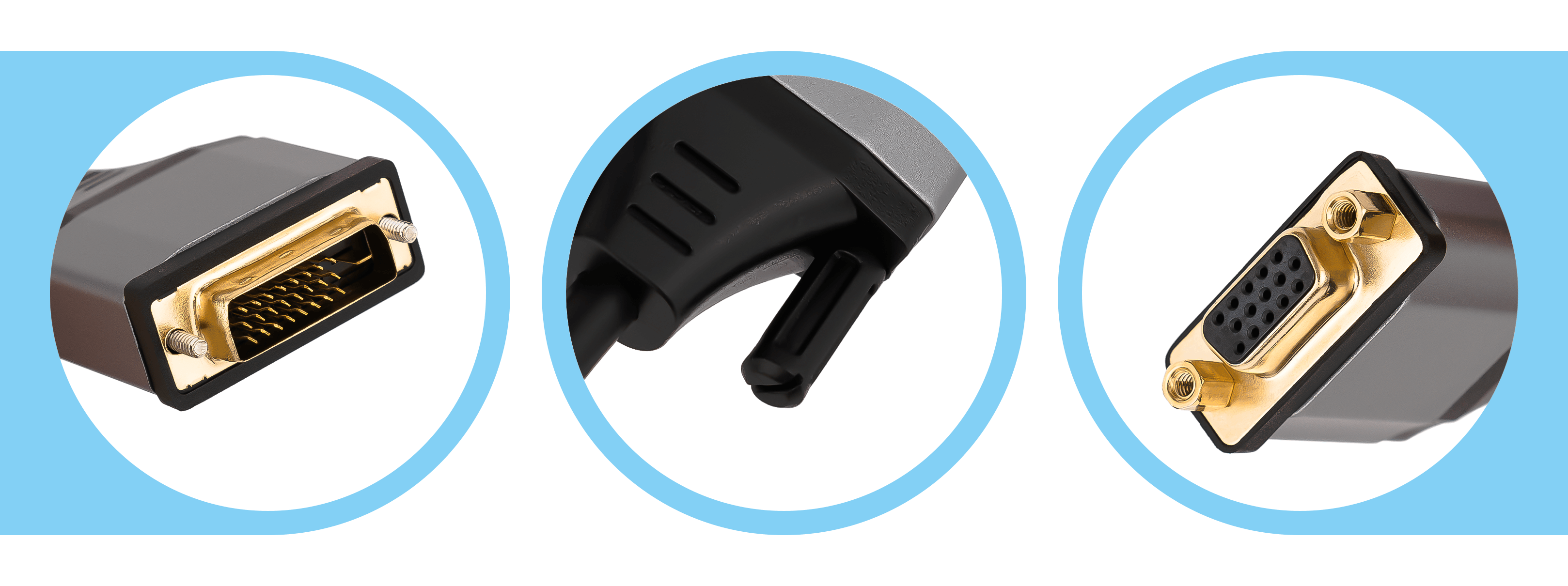 Zbliżenie złączy DVI i VGA. Obraz na jasnoniebieskim tle.