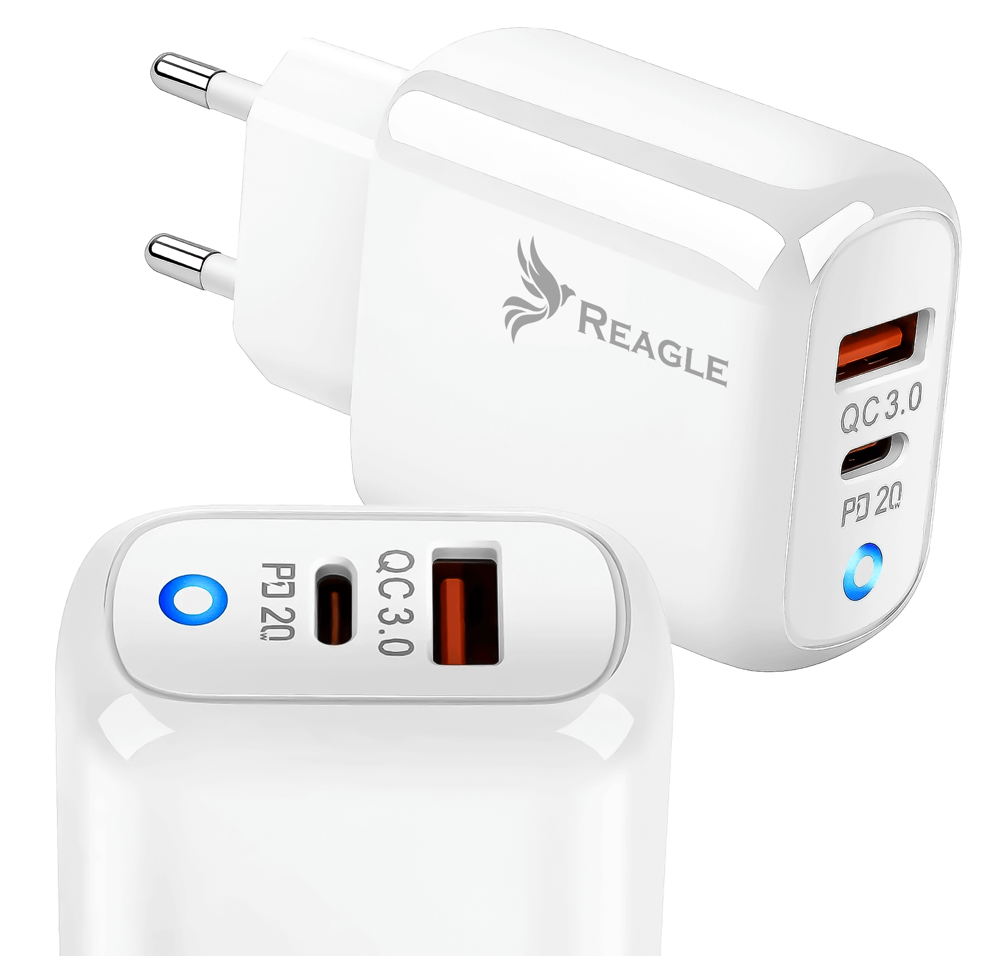 Biała ładowarka z dwoma portami, oznaczonymi QC 3.0 i PD 20. Posiada niebieską diodę LED.