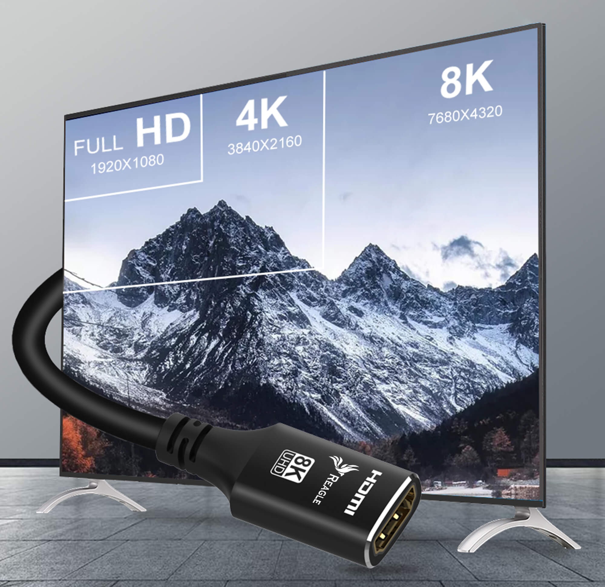 Kabel HDMI podłączony do telewizora, pokazujący opcje rozdzielczości 8K, 4K i Full HD.