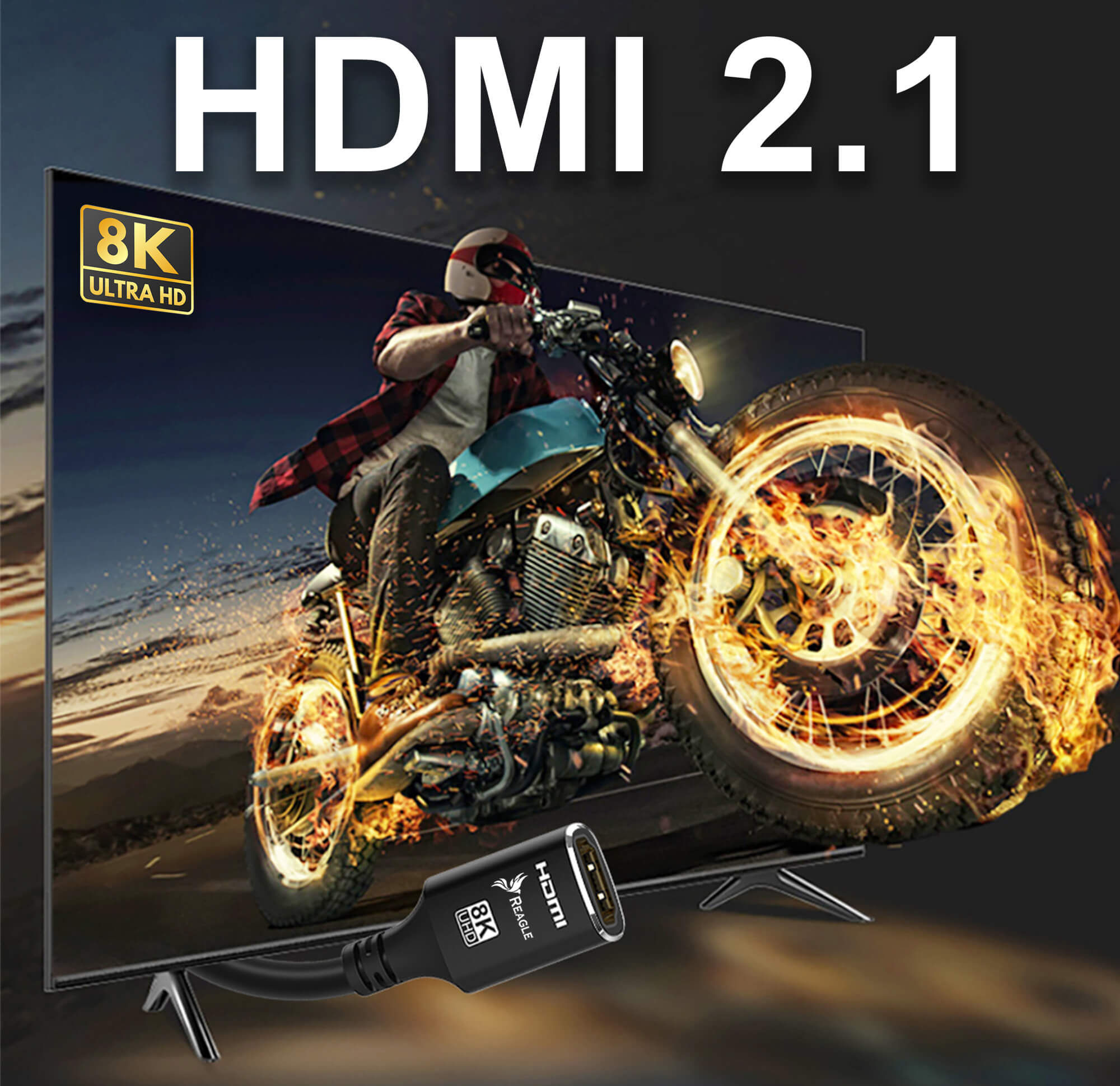 Ekran telewizora pokazujący motocykl w ruchu. Podłączony kabel HDMI 2.1. Tekst: HDMI 2.1, 8K Ultra HD.