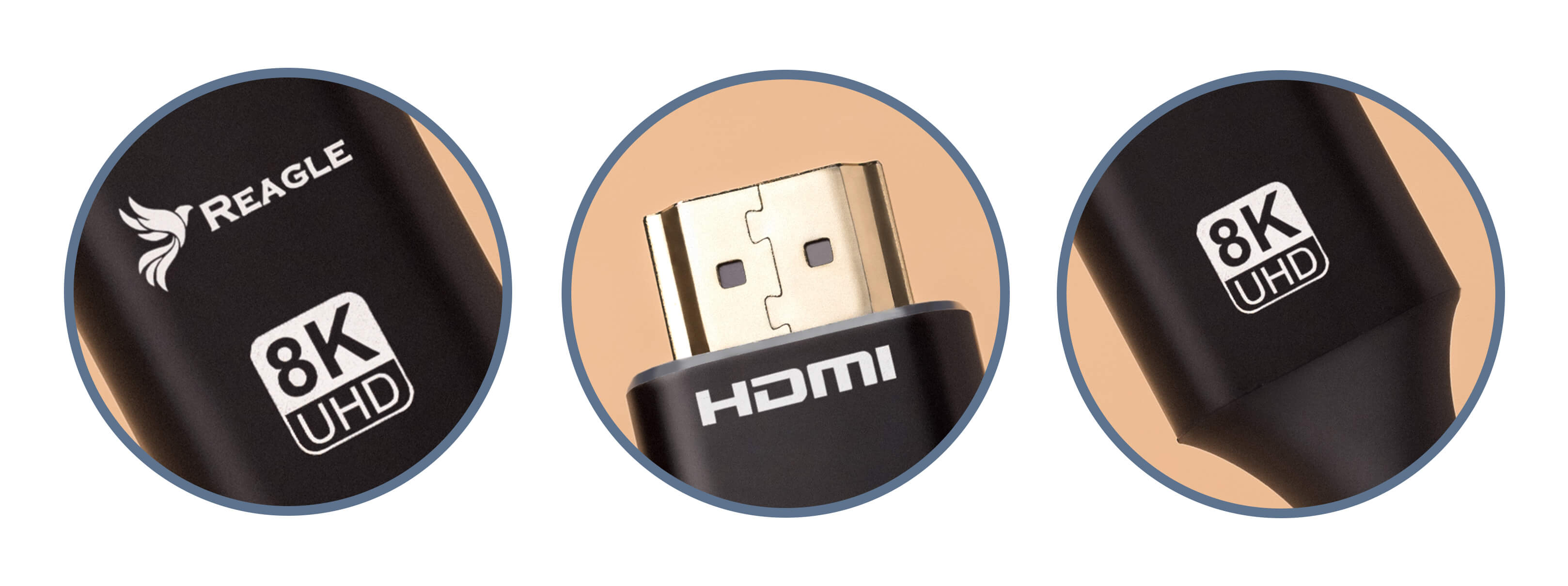Trzy okrągłe widoki czarnego kabla HDMI. Białe tło. Widoczne logo Reagle i etykiety 8K UHD.