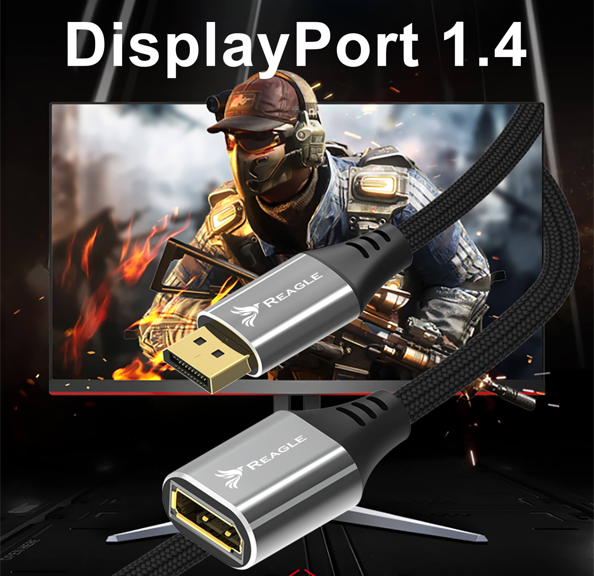 Kabel DisplayPort podłączony do monitora. Kabel jest czarny i srebrny.
