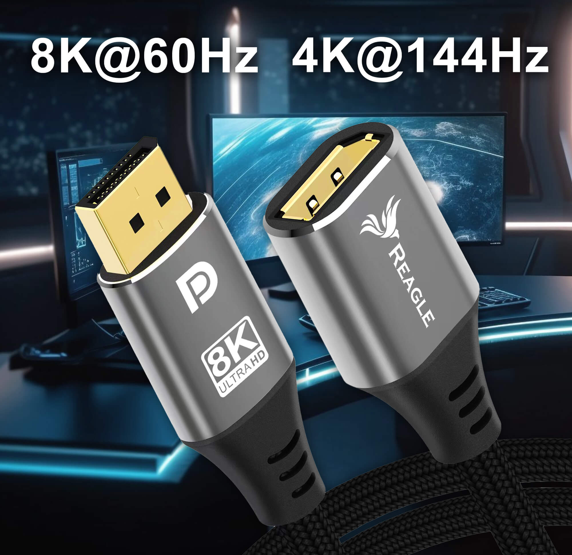 Dwa czarne i szare kable HDMI ze złotymi złączami są pokazane, z tekstem wskazującym rozdzielczości 8K i 4K.