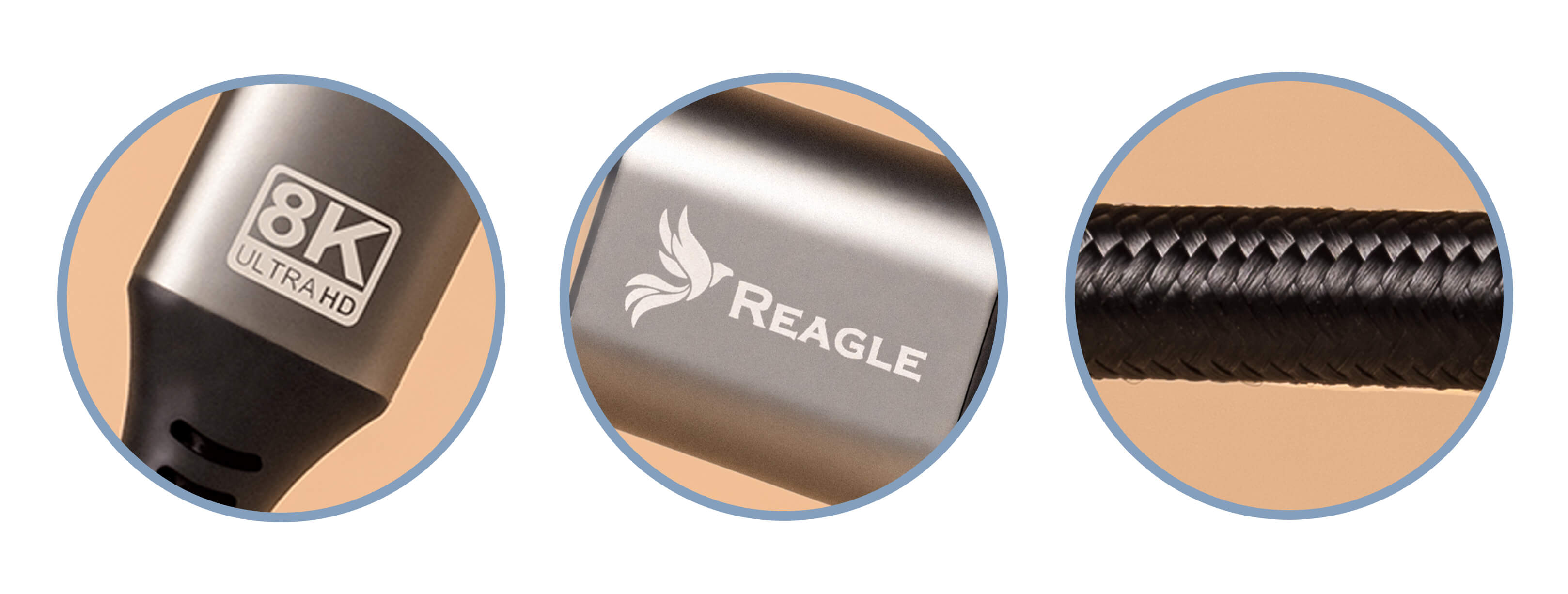 Trzy okrągłe zbliżenia kabla: etykieta 8K Ultra HD, logo Reagle i pleciony kabel.