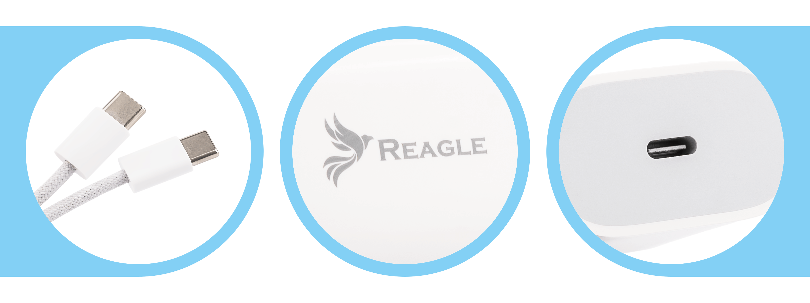 Biała ładowarka z dwoma białymi kablami USB-C i zbliżeniem portu USB-C, na niebieskim tle.