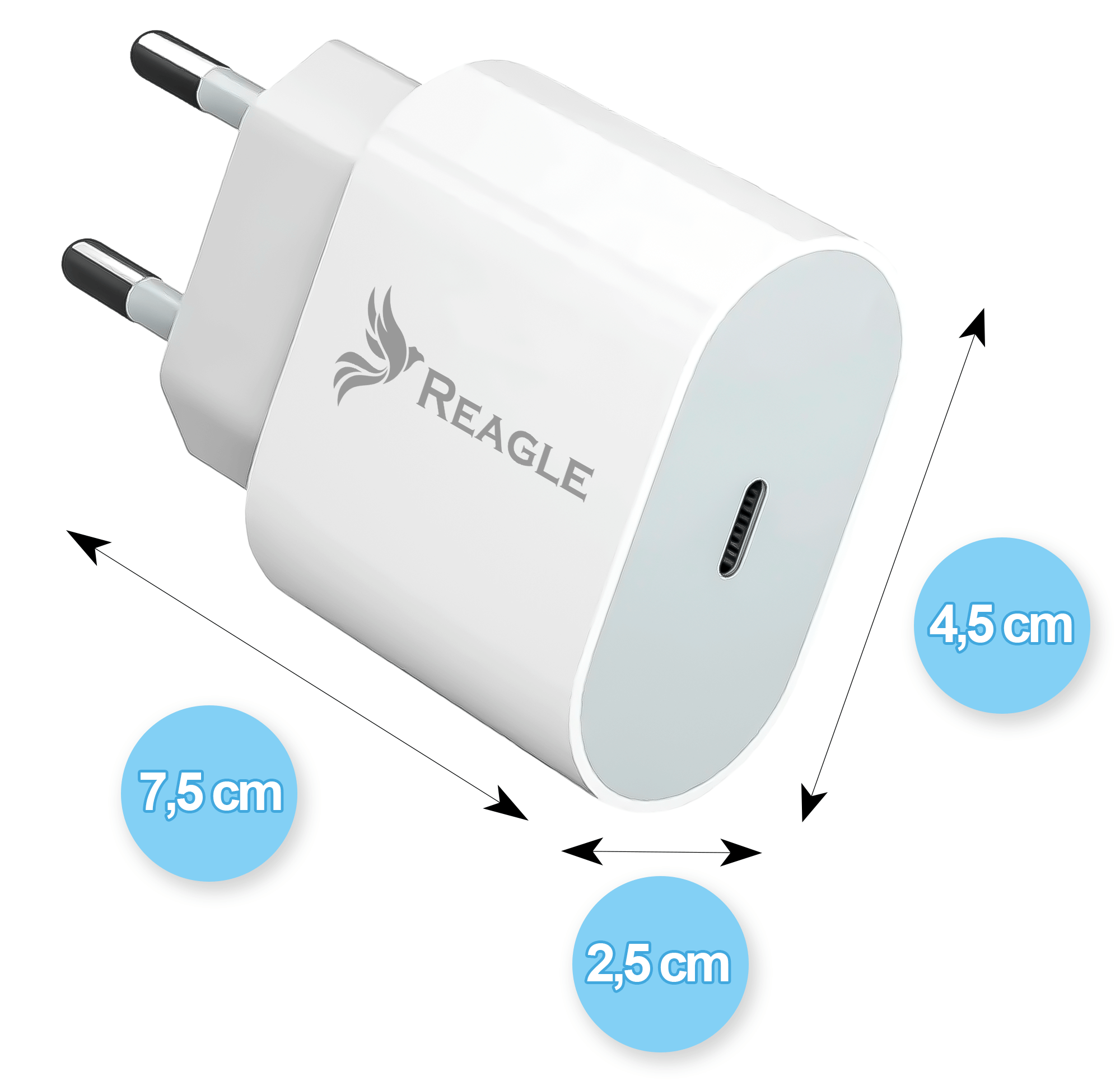 Biała ładowarka z dwoma bolcami i portem USB-C. Wymiary to 7,5 cm, 4,5 cm i 2,5 cm, z logo Reagle.