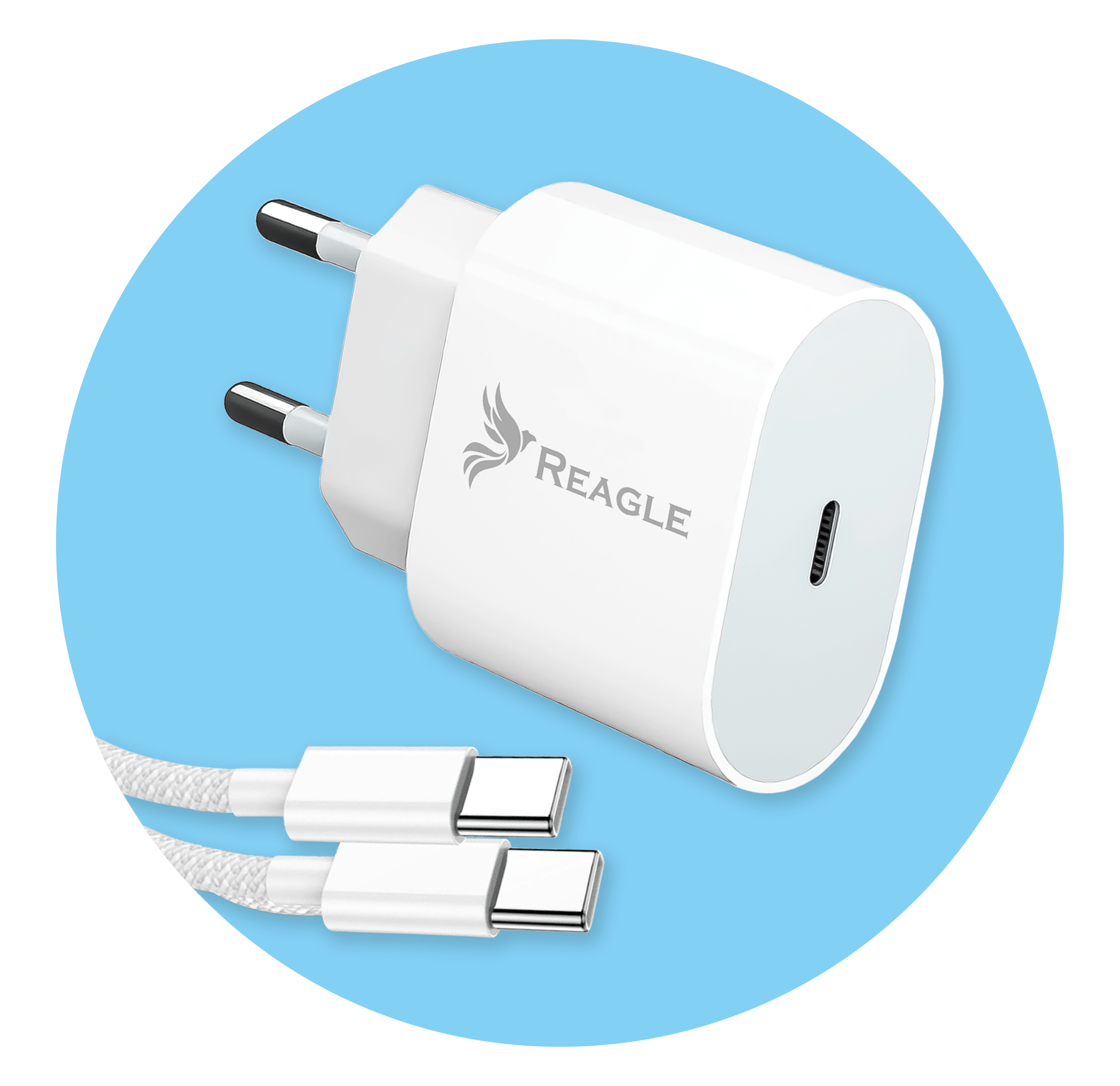 Biała ładowarka Reagle z portem USB-C i dwoma białymi kablami USB-C na niebieskim kole.