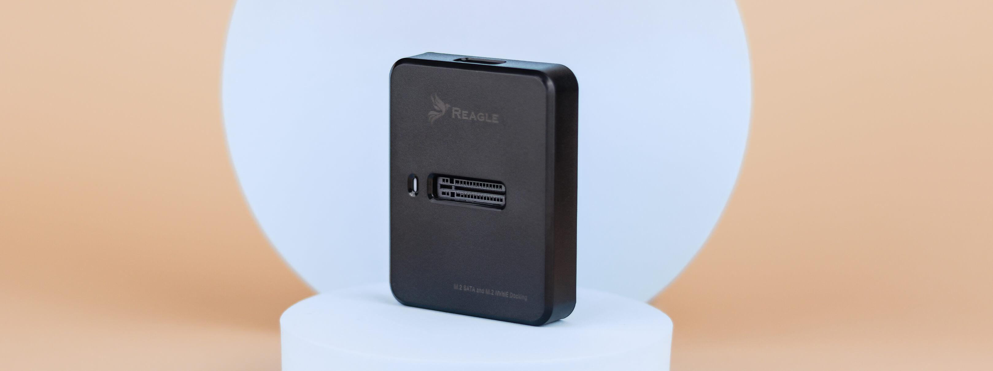 Schwarze REAGLE externe SSD. Kleines Gerät mit Anschlüssen und Logo.