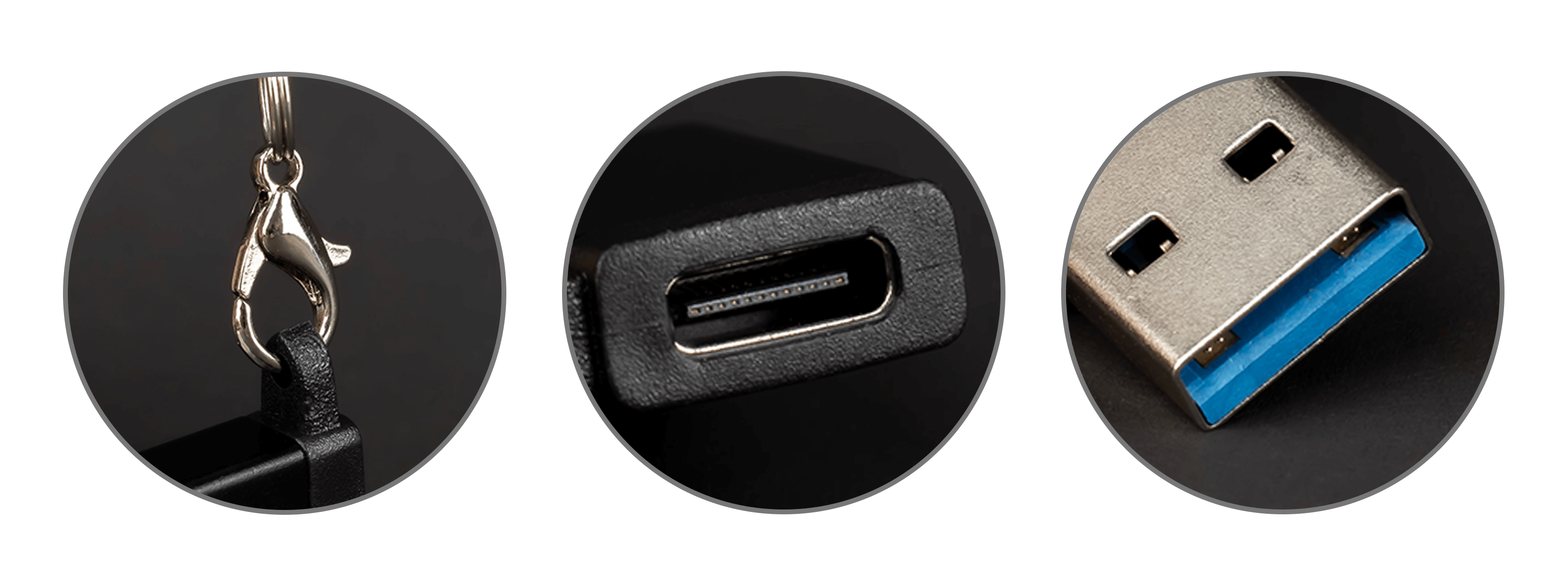 Zbliżenia złącza USB, portu USB-C i zapięcia breloczka.