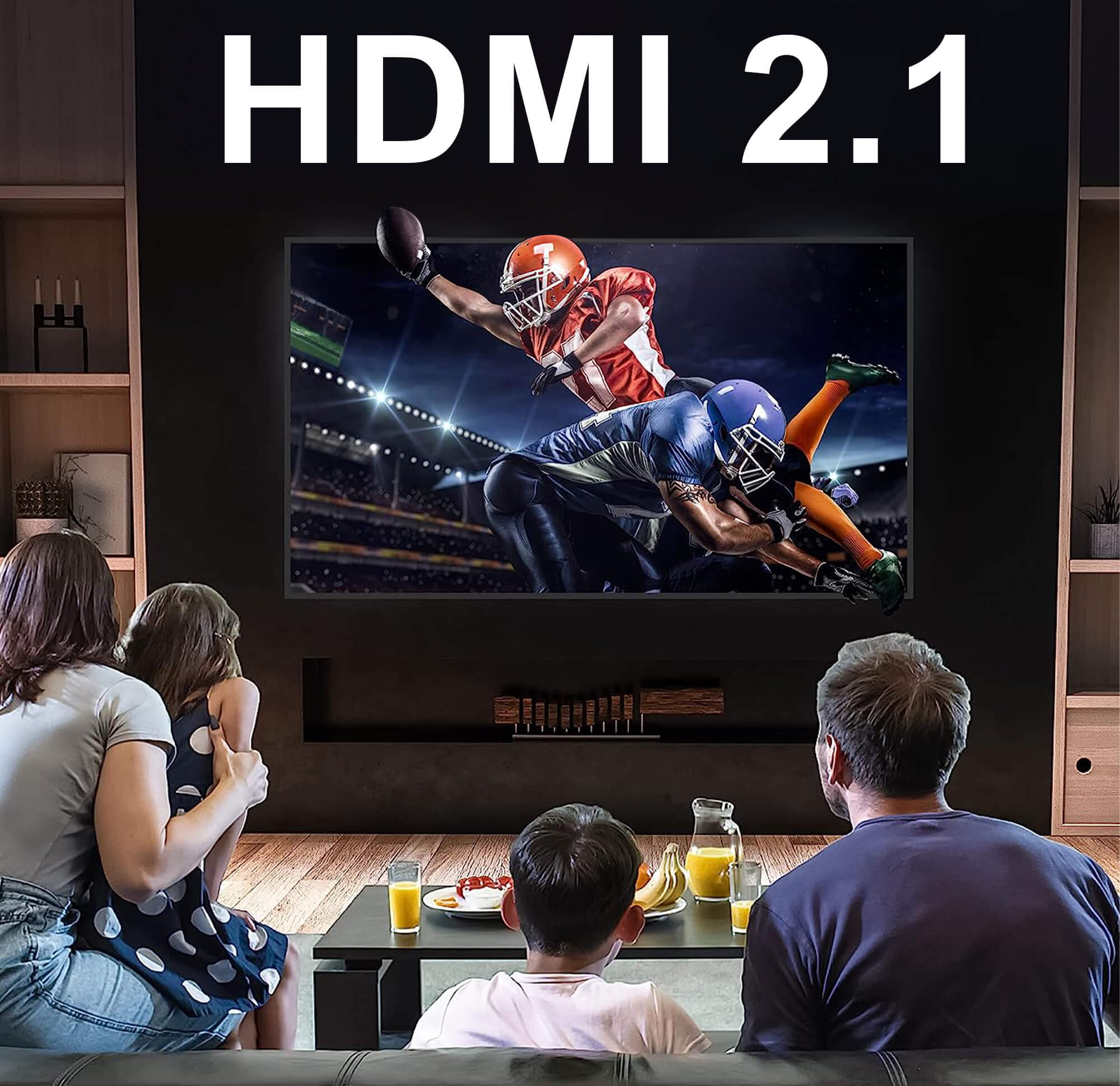 Rodzina ogląda telewizję z meczem futbolu amerykańskiego. Telewizor ma HDMI 2.1. Są przekąski i napoje.