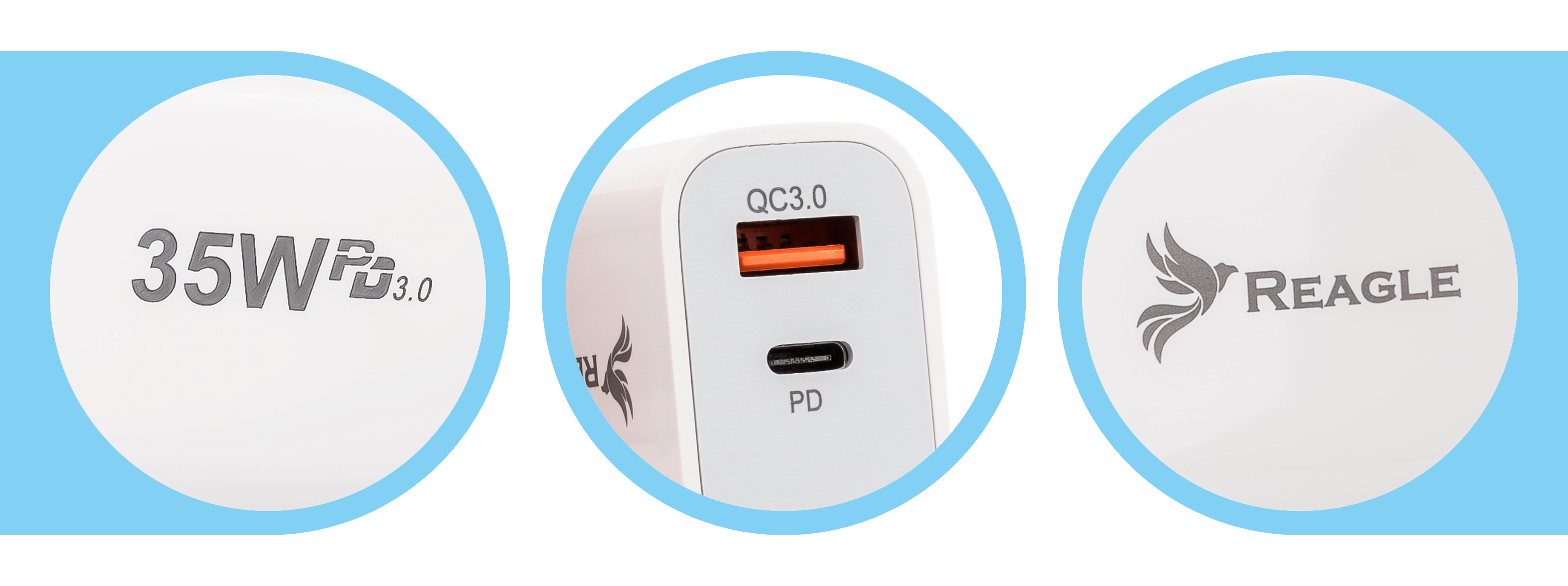 Biała ładowarka z logo i tekstem wskazującym 35W i PD 3.0, port QC 3.0.