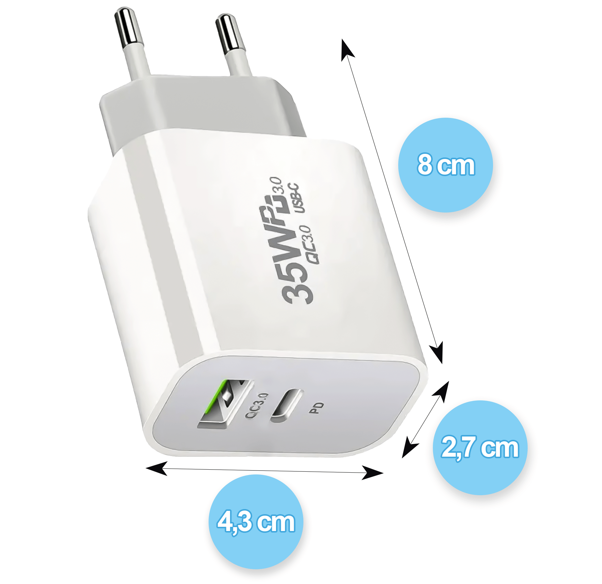 Biała ładowarka USB-C z wymiarami w centymetrach. Posiada port USB-C i port USB-A.