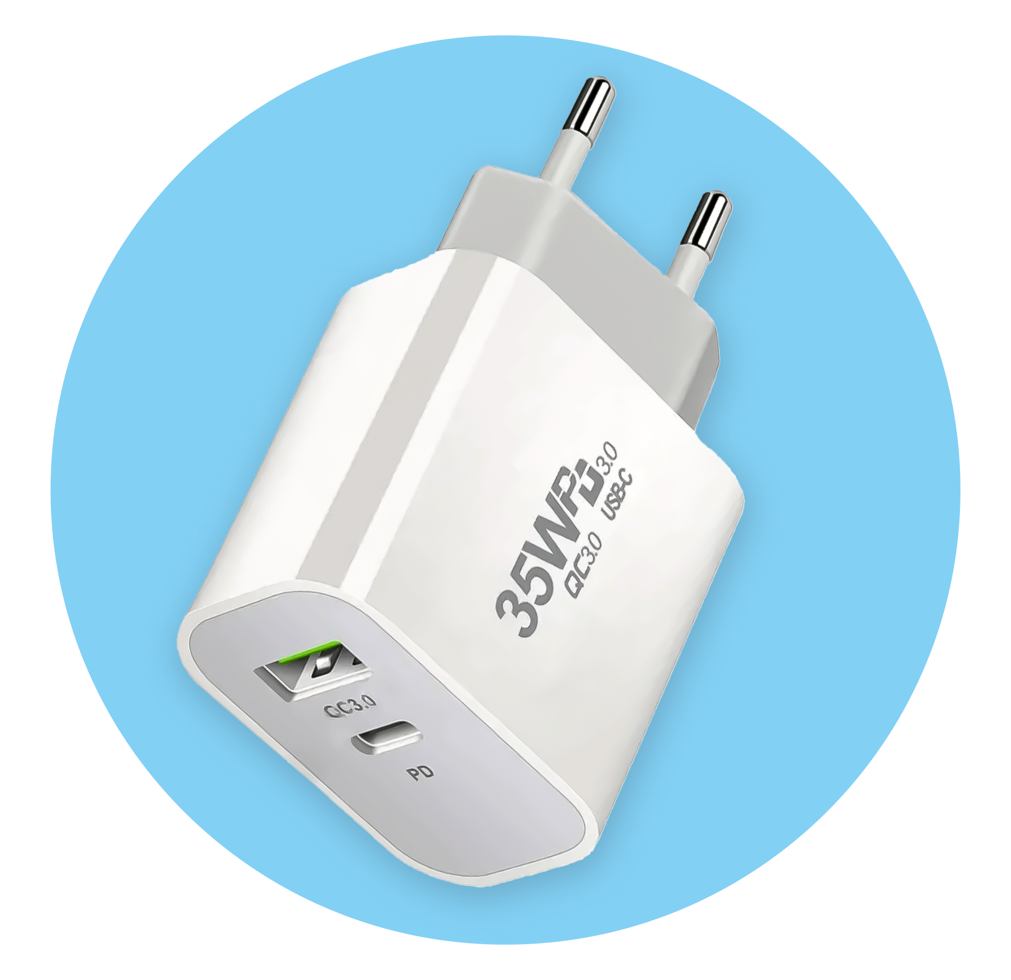 Biała ładowarka USB 35W z dwoma pinami. Posiada port USB-C i zielony wskaźnik LED.