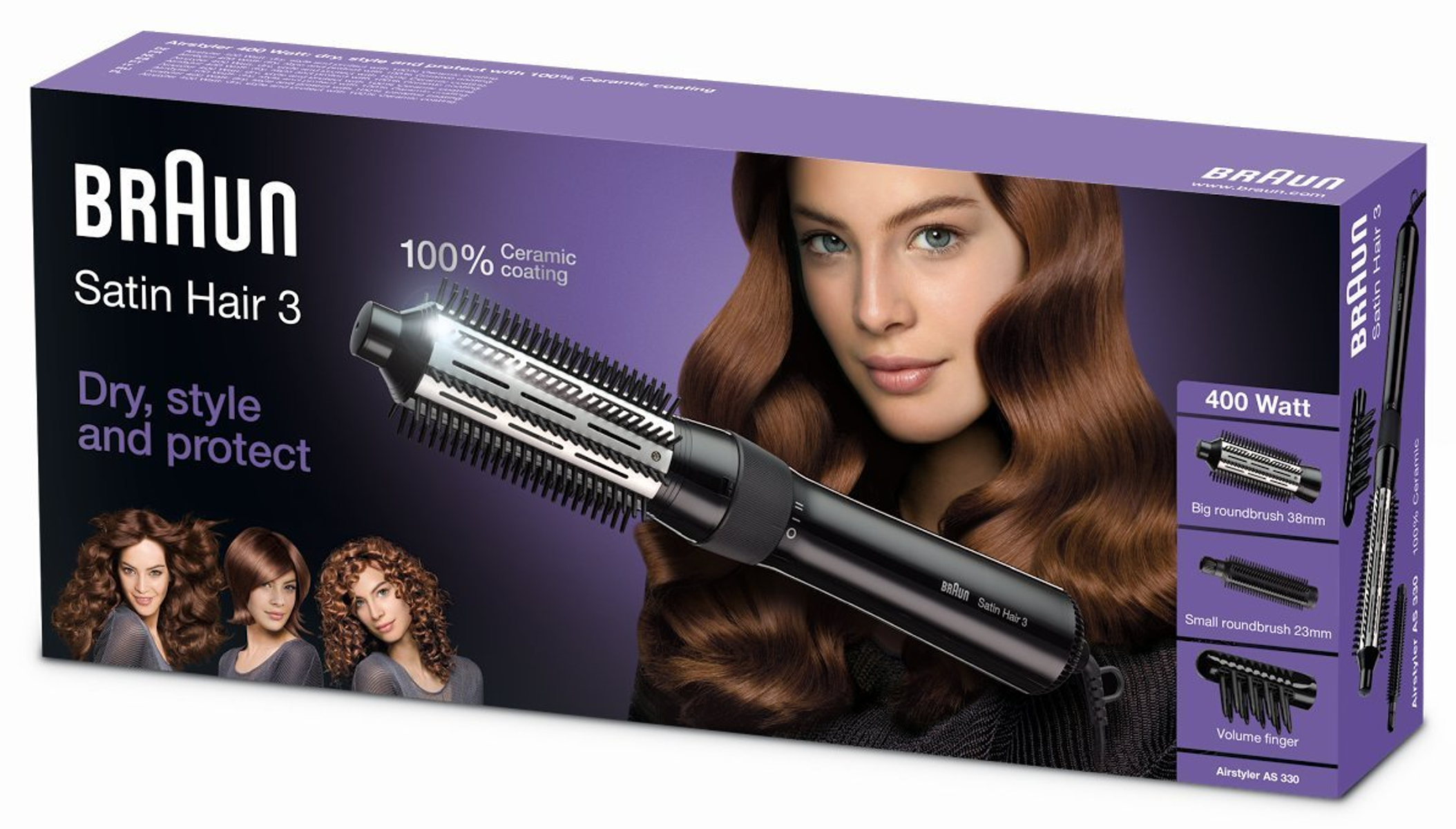 Scatola dello styler Braun Satin Hair 3. Donna con capelli ricci e illustrazioni del prodotto sono mostrate.