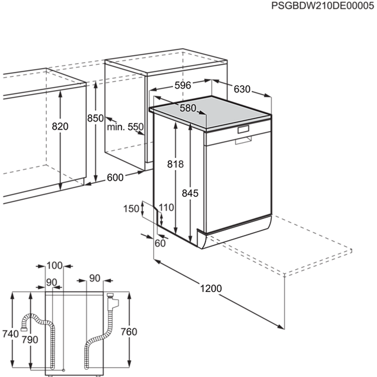 Dibujo técnico de un lavavajillas. Muestra dimensiones y colocación en un mueble de cocina.
