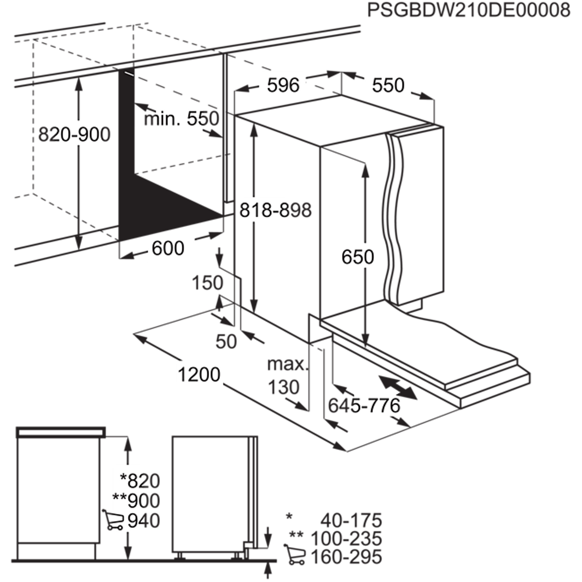 Diagrama de dimensiones del lavavajillas. Muestra las medidas y el diseño para la instalación.