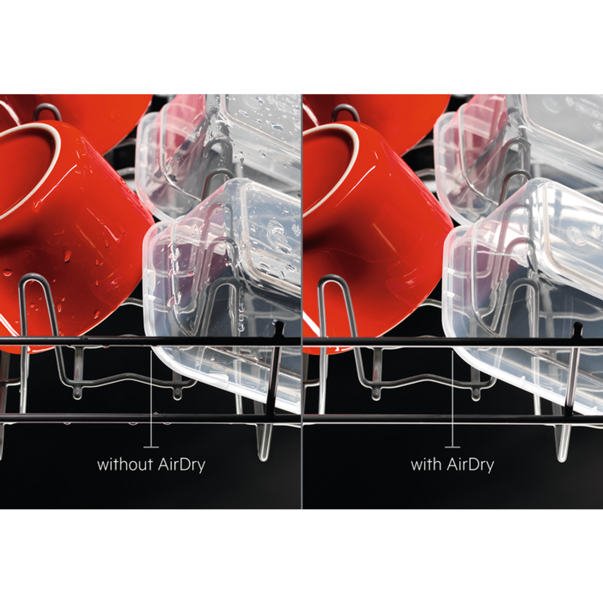 Lavavajillas con tazas rojas y recipientes transparentes, comparación con/sin AirDry.