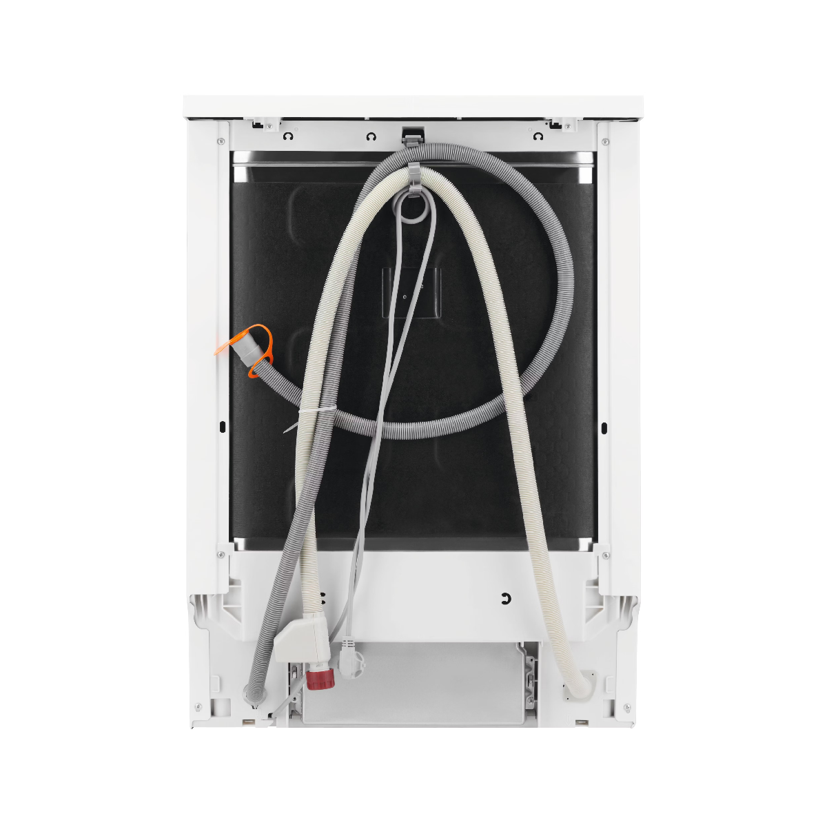 Tył białej zmywarki. Widoczne węże i elementy.