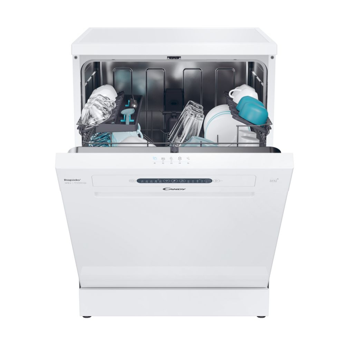 Lavavajillas blanco con puerta abierta llena de platos. Se ven vasos, platos y rejillas para utensilios.