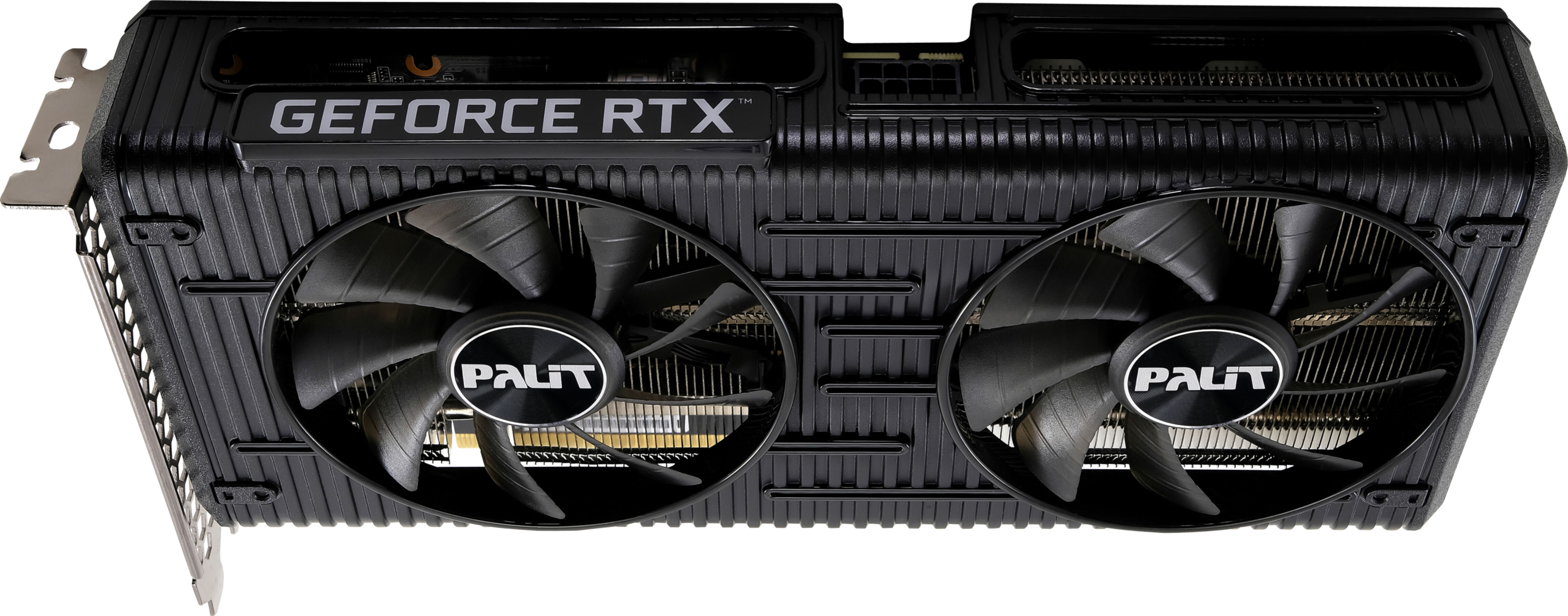 Czarna karta graficzna GeForce RTX z dwoma wentylatorami, logo GeForce RTX na górze.