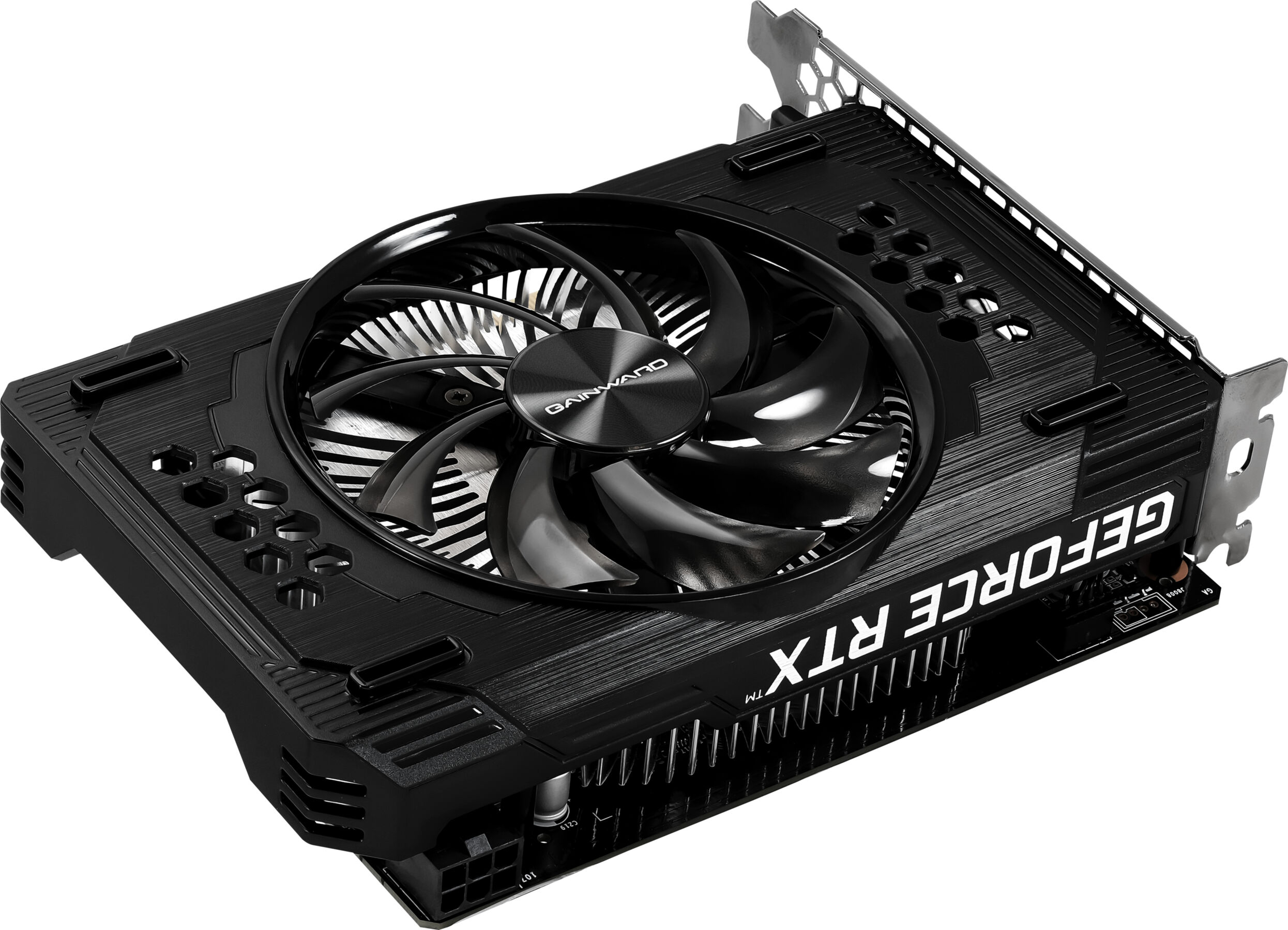 Scheda grafica nera con ventola, le parole 'GeForce RTX' sono visibili sul lato.
