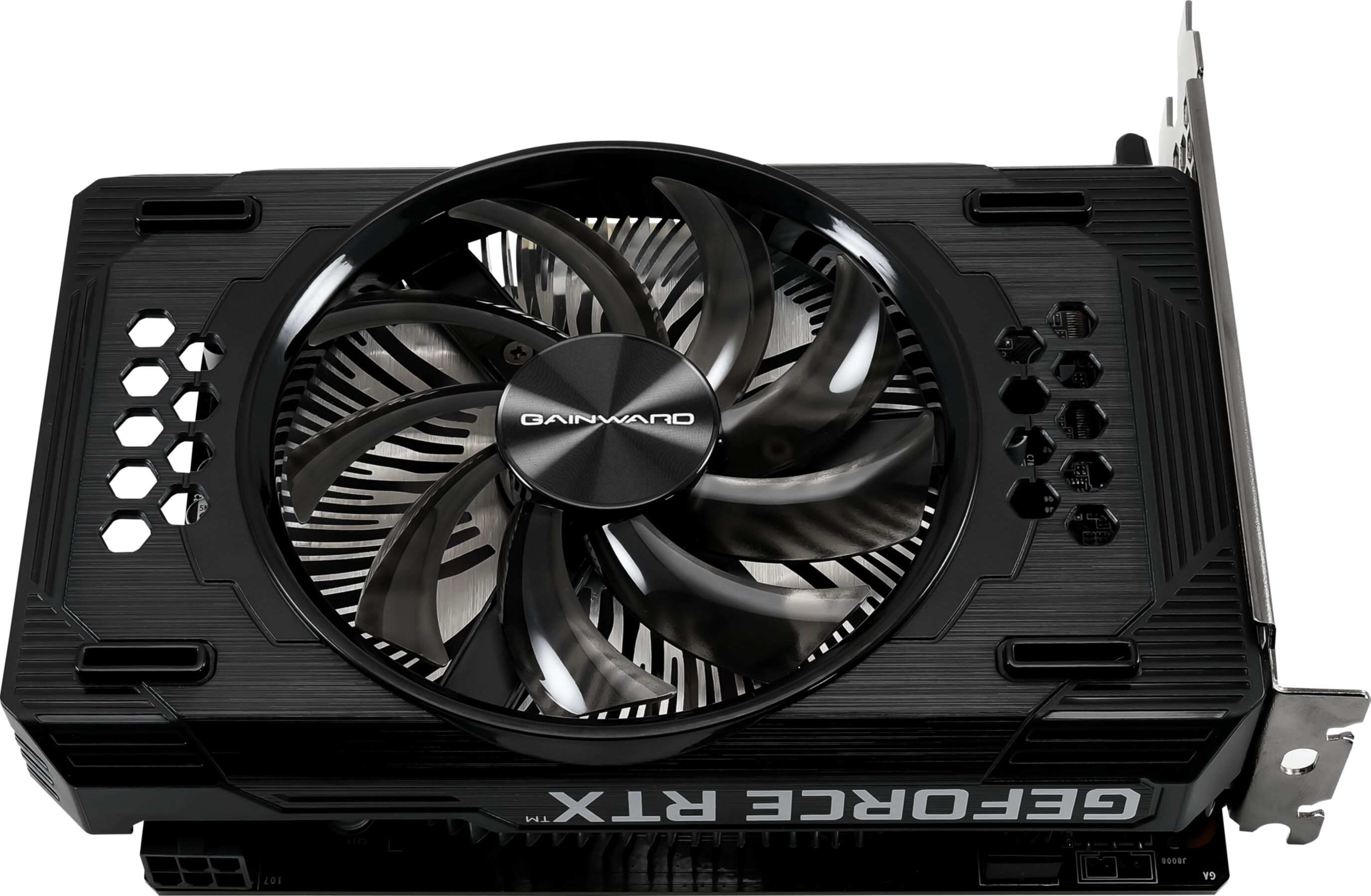 Scheda grafica nera con una grande ventola e il logo GeForce RTX.