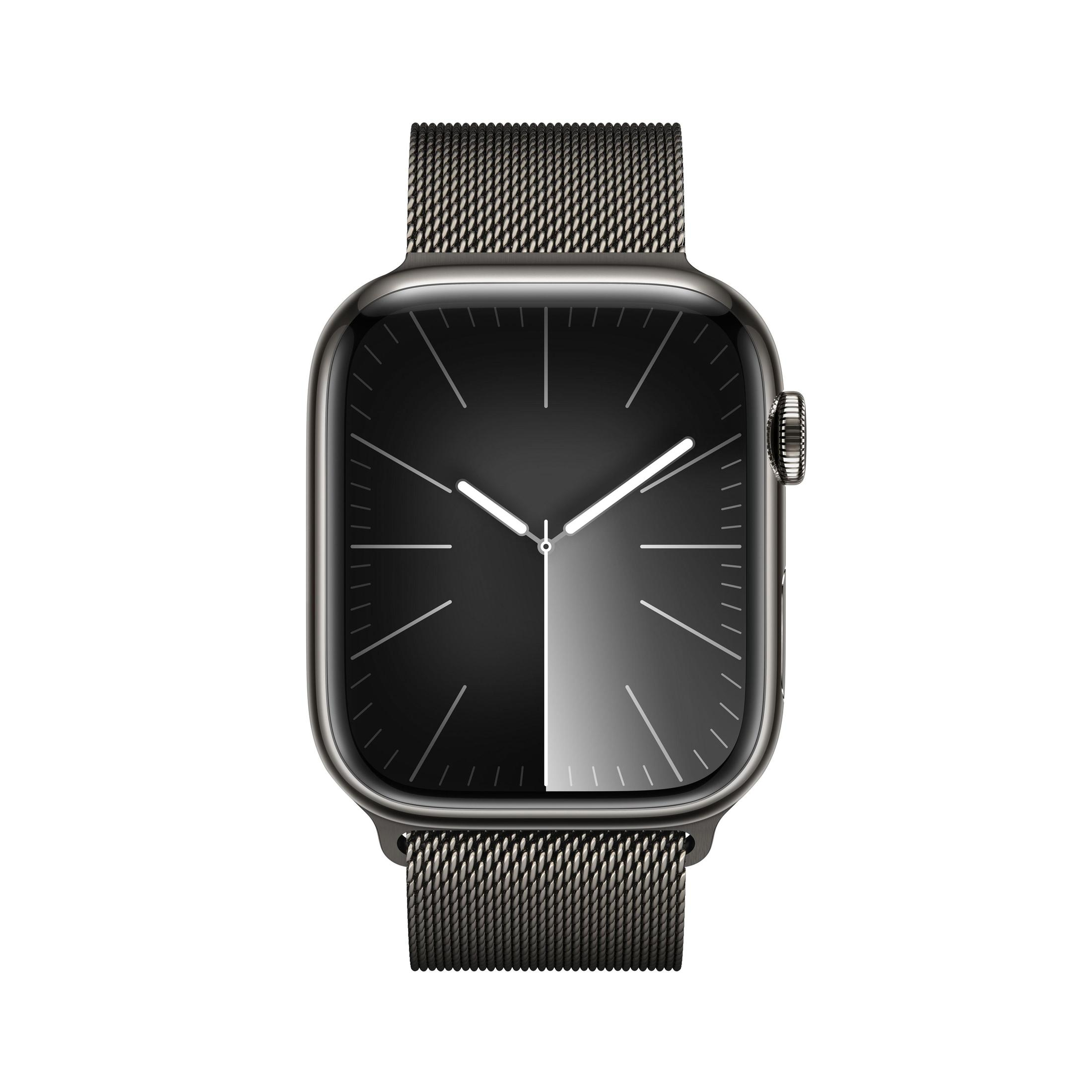 Schwarze Apple Watch mit schwarzem Metallarmband, zeigt ein schwarz-weißes Zifferblatt.