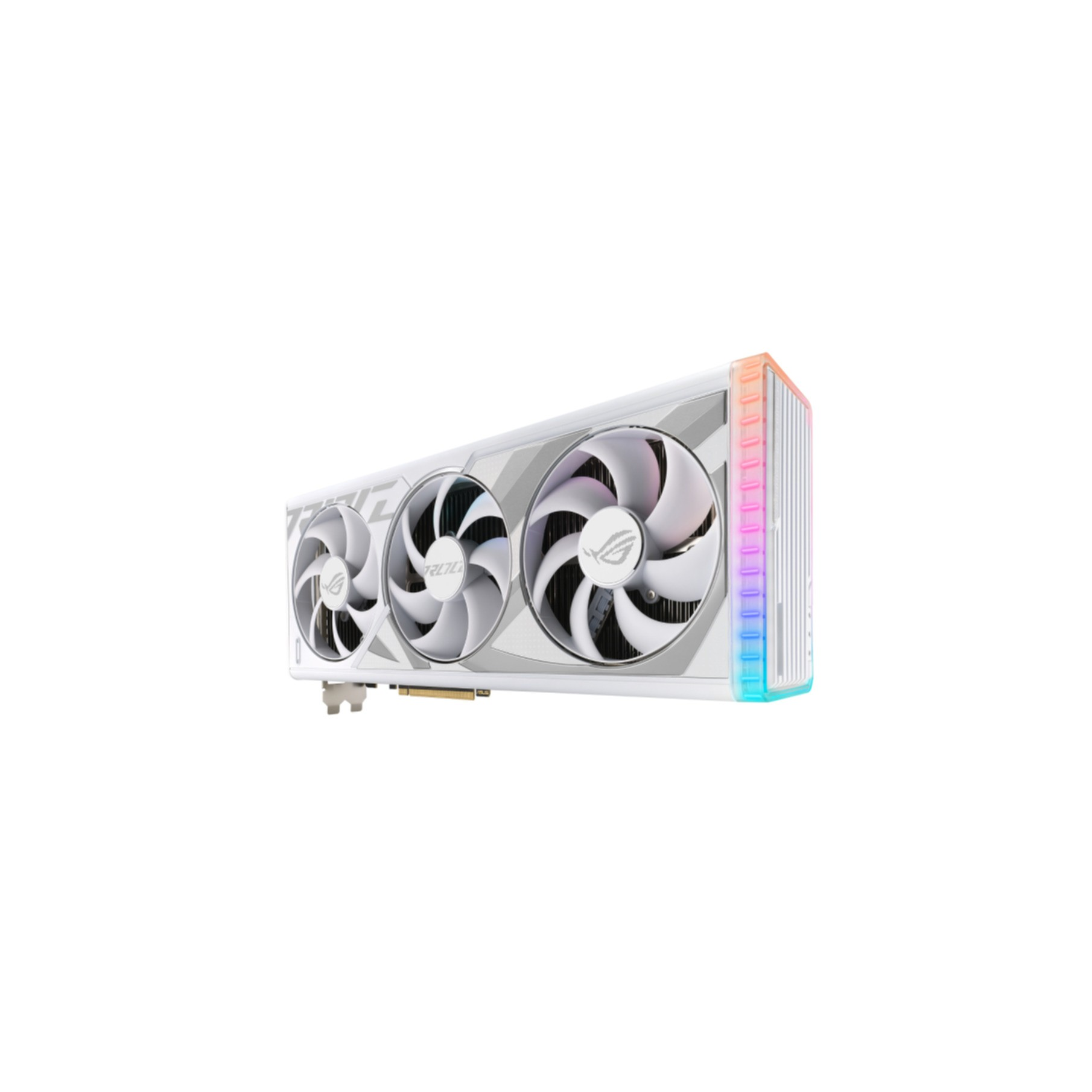 GPU bianca con tre ventole. Sfondo bianco.