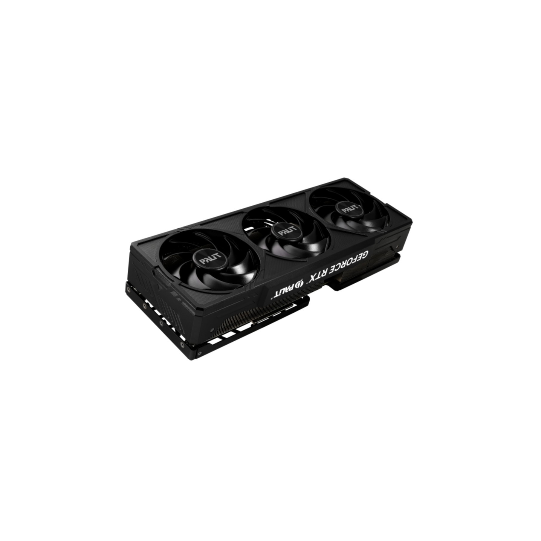 GPU nera con tre ventole. La scheda è nera, con il nome del marchio.