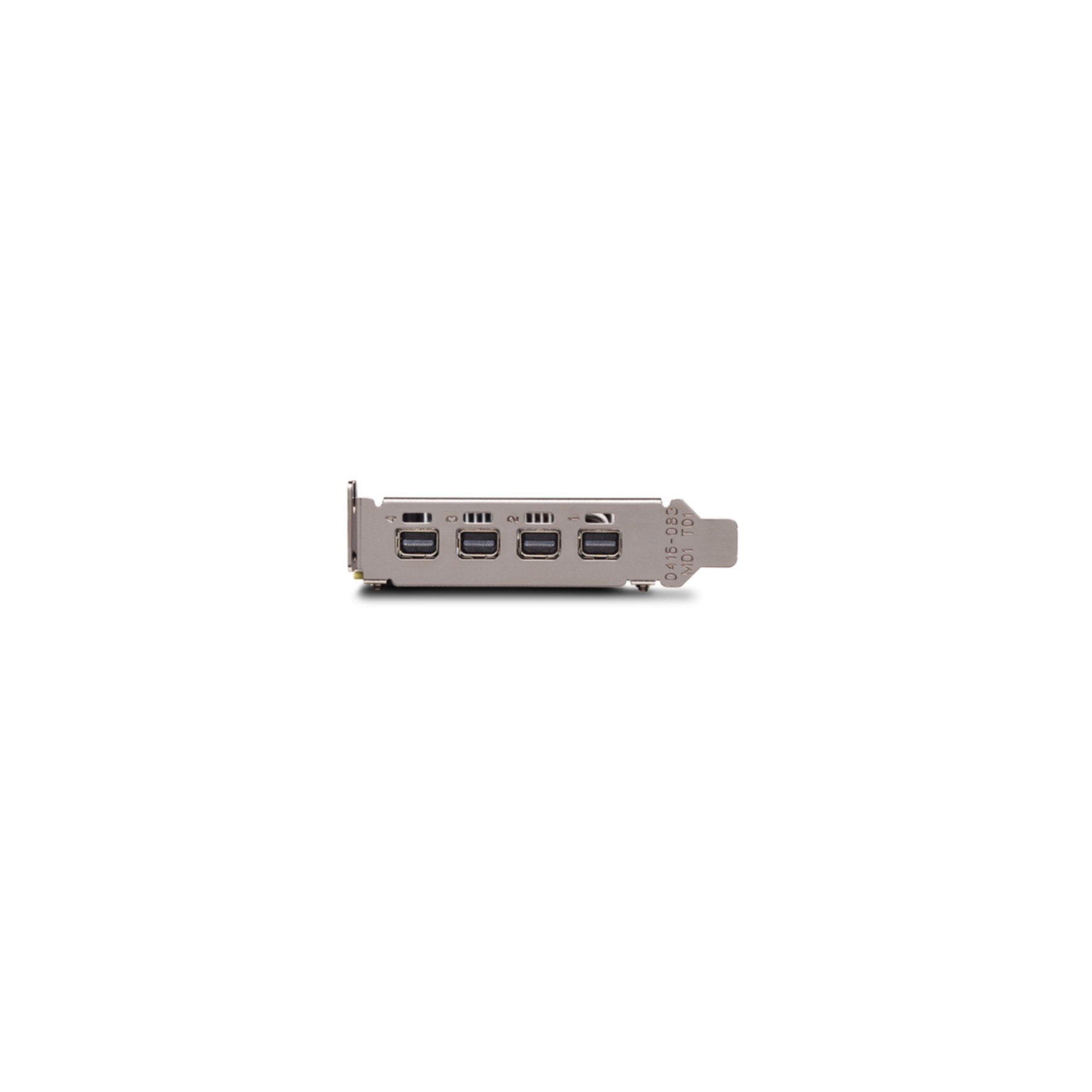 Vista laterale di una scheda grafica. Ha diverse porte USB. Sfondo bianco.