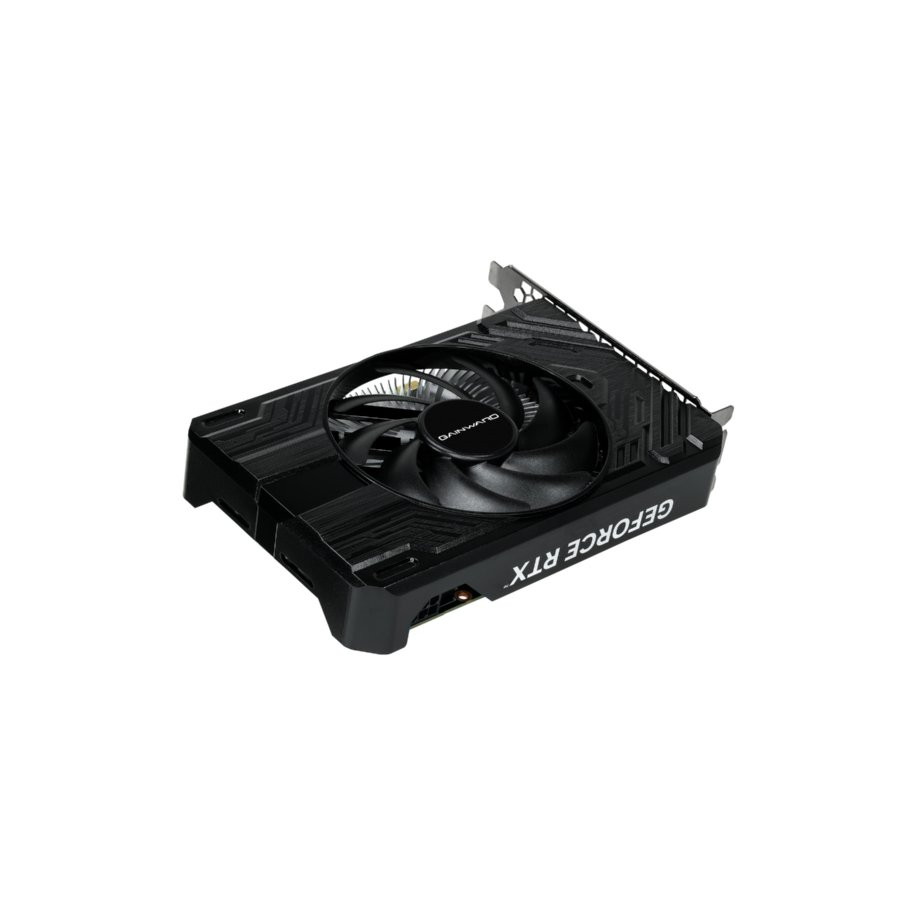 Una scheda grafica nera con una ventola e un logo GeForce RTX. La scheda è angolata.