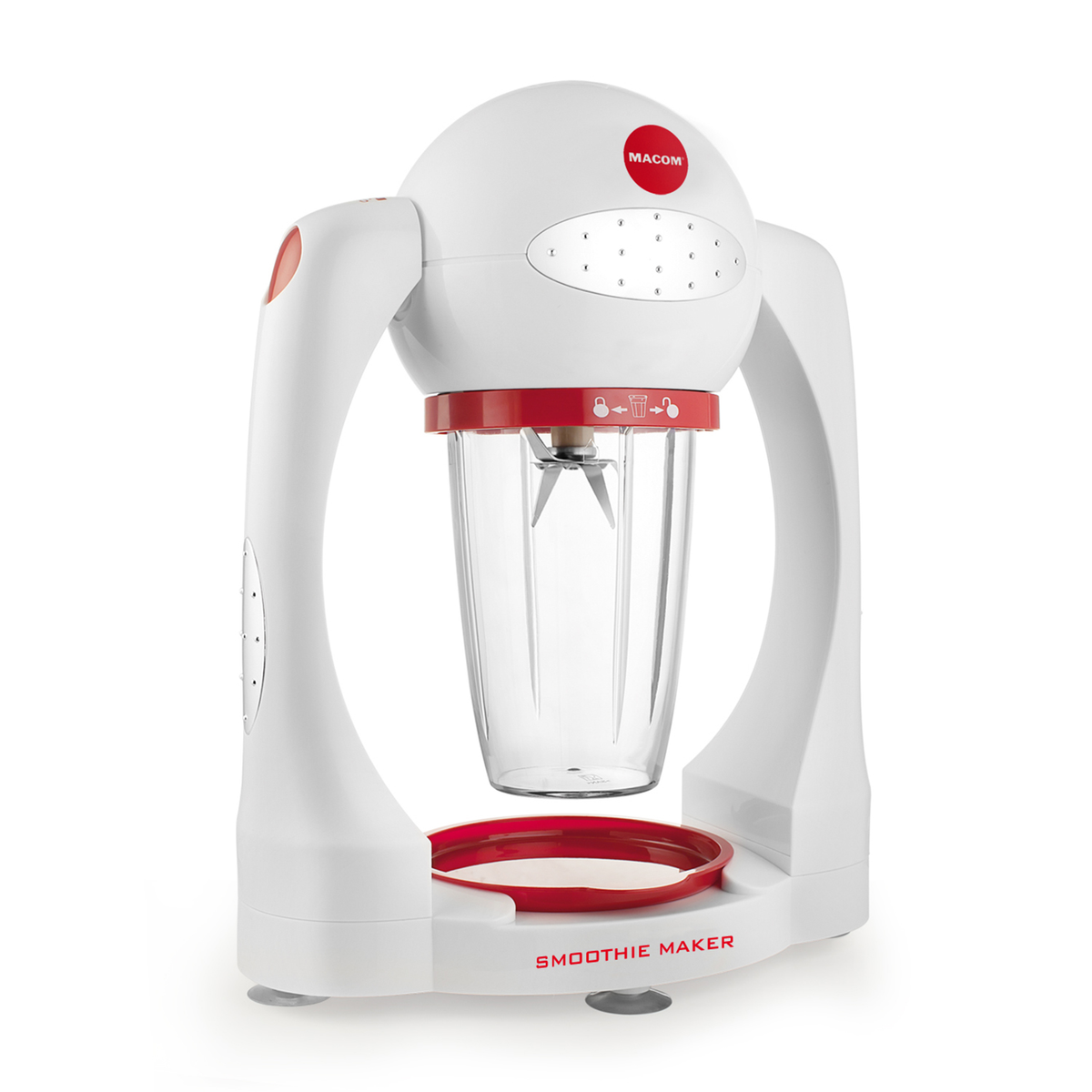 Un frullatore bianco e rosso con un bicchiere trasparente. La macchina ha un logo MACOM.