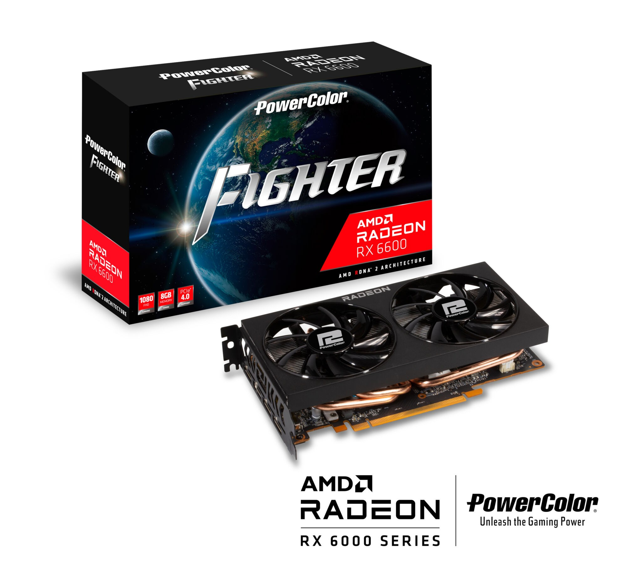 Scheda grafica in scatola e scheda grafica. La scatola ha etichette PowerColor, Fighter e AMD Radeon.