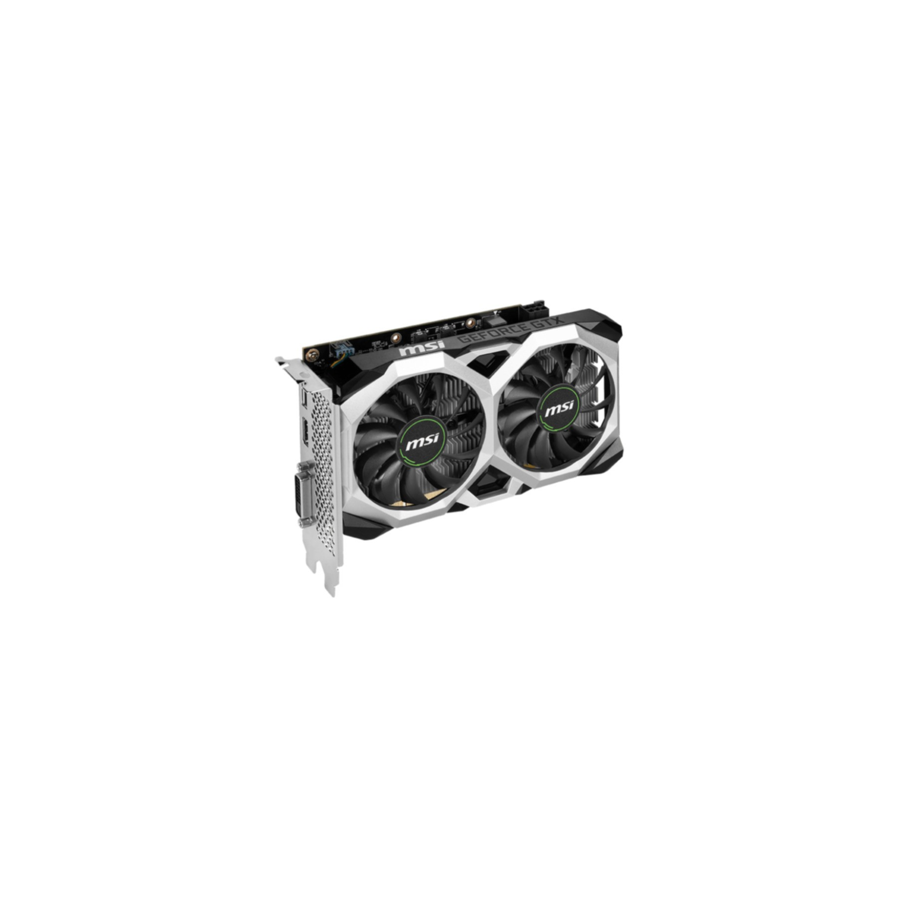 Scheda grafica con due ventole, nera e argento, con loghi MSI, sfondo bianco.