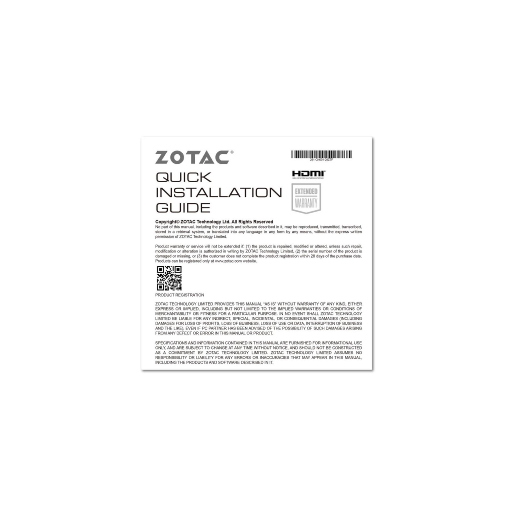 ZOTAC Quick Installation Guide na białym tle z logo i informacjami o produkcie.