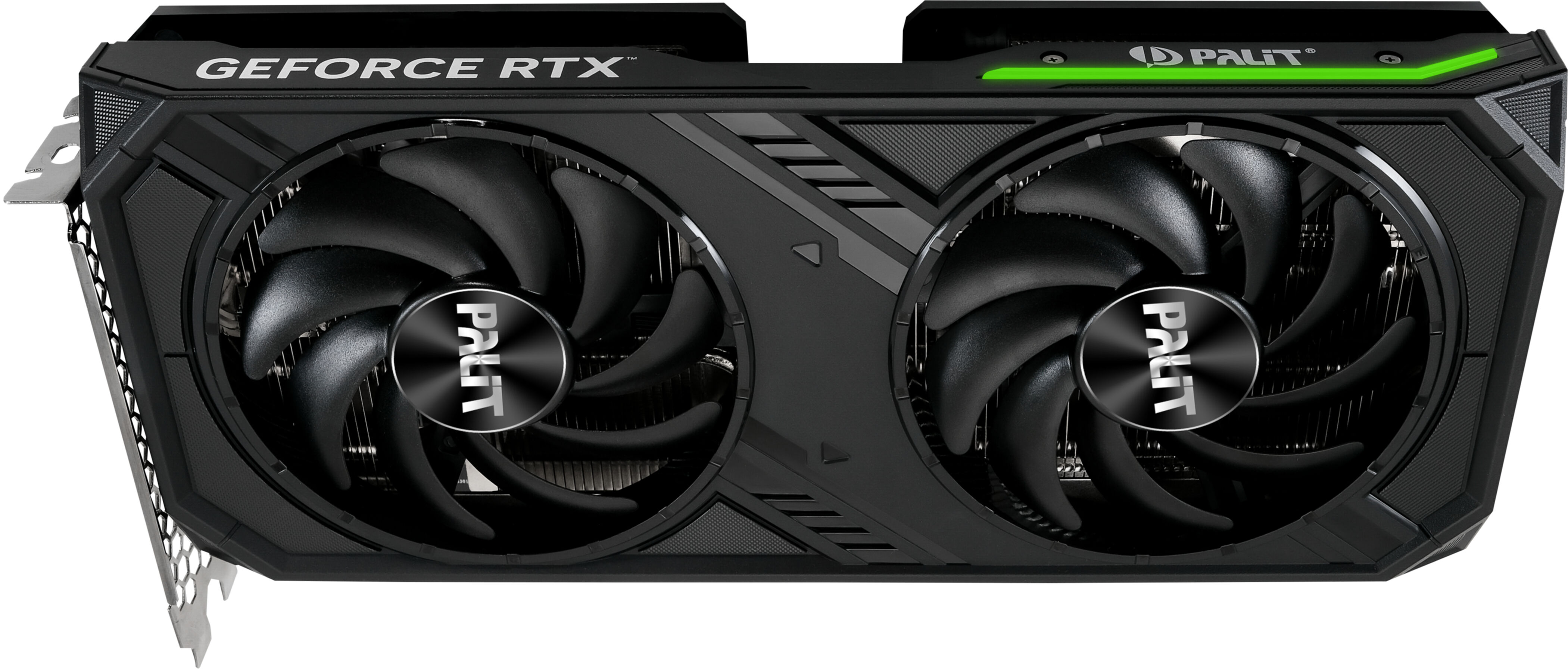 Scheda grafica nera con due ventole, logo Palit argentato e testo GeForce RTX.